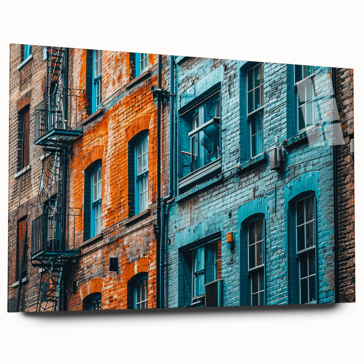 Large abstract wall art in vibrant blue and green tones on acrylic glass, suitable for bedroom or dining room decor.