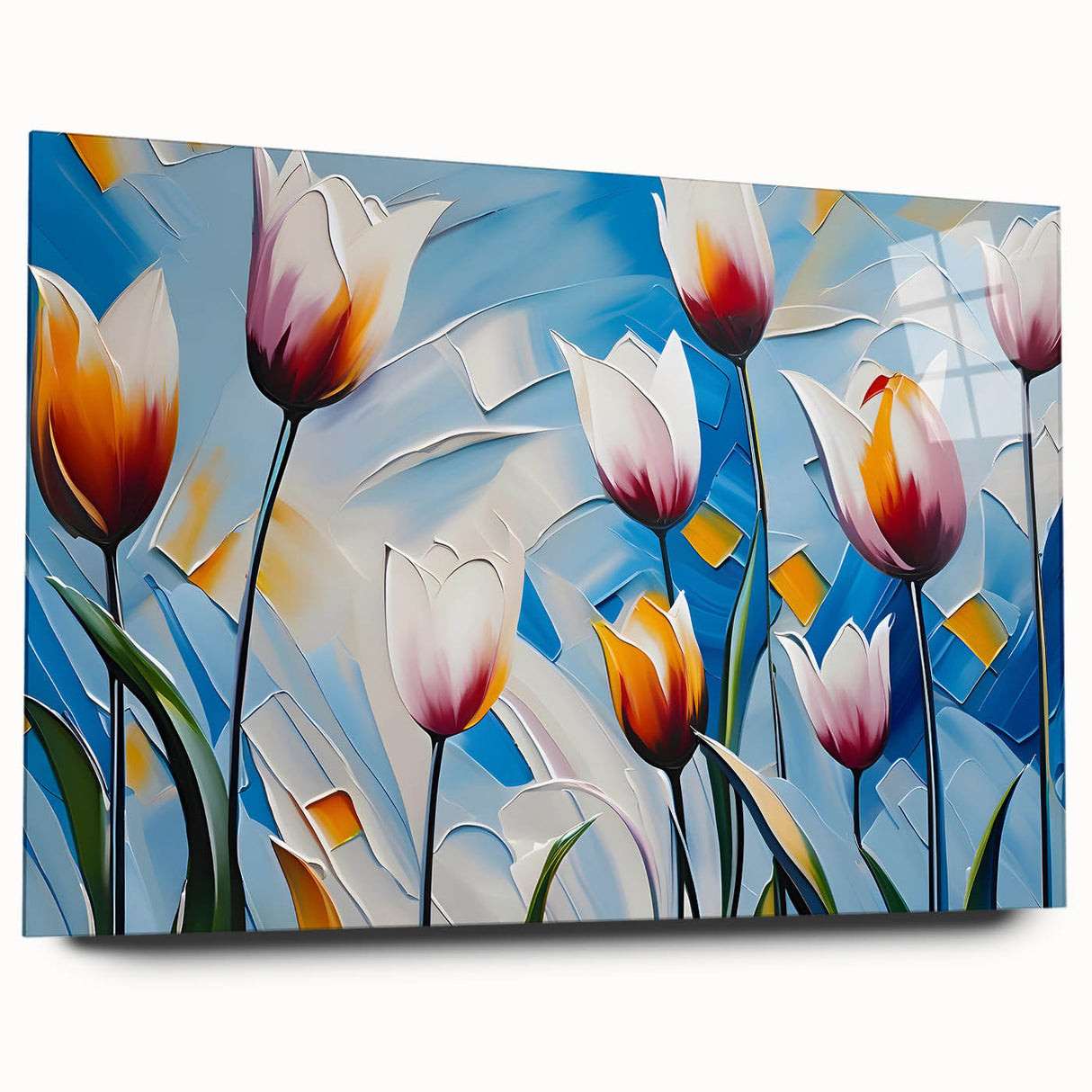 Vibrant floral canvas art showcasing a colorful array of blooming flowers in shades of pink, yellow, and blue, ideal for brightening home decor.