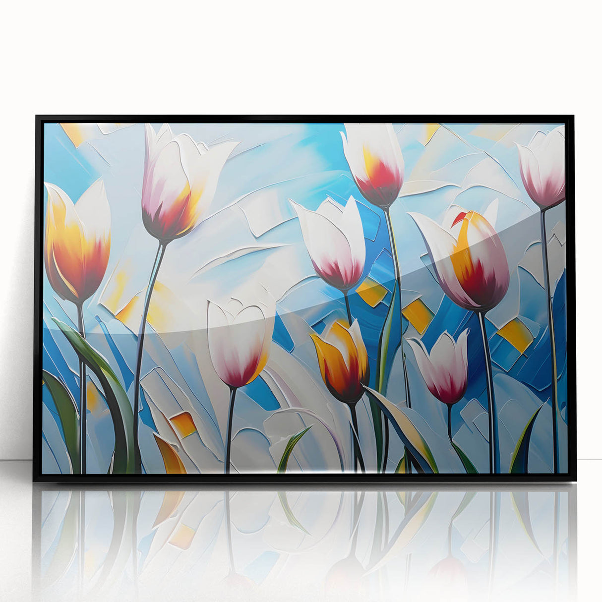 Vibrant floral painting on canvas showcasing a mix of bold colors, intricate petal details, and a lively background, ideal for home decor or art collection.