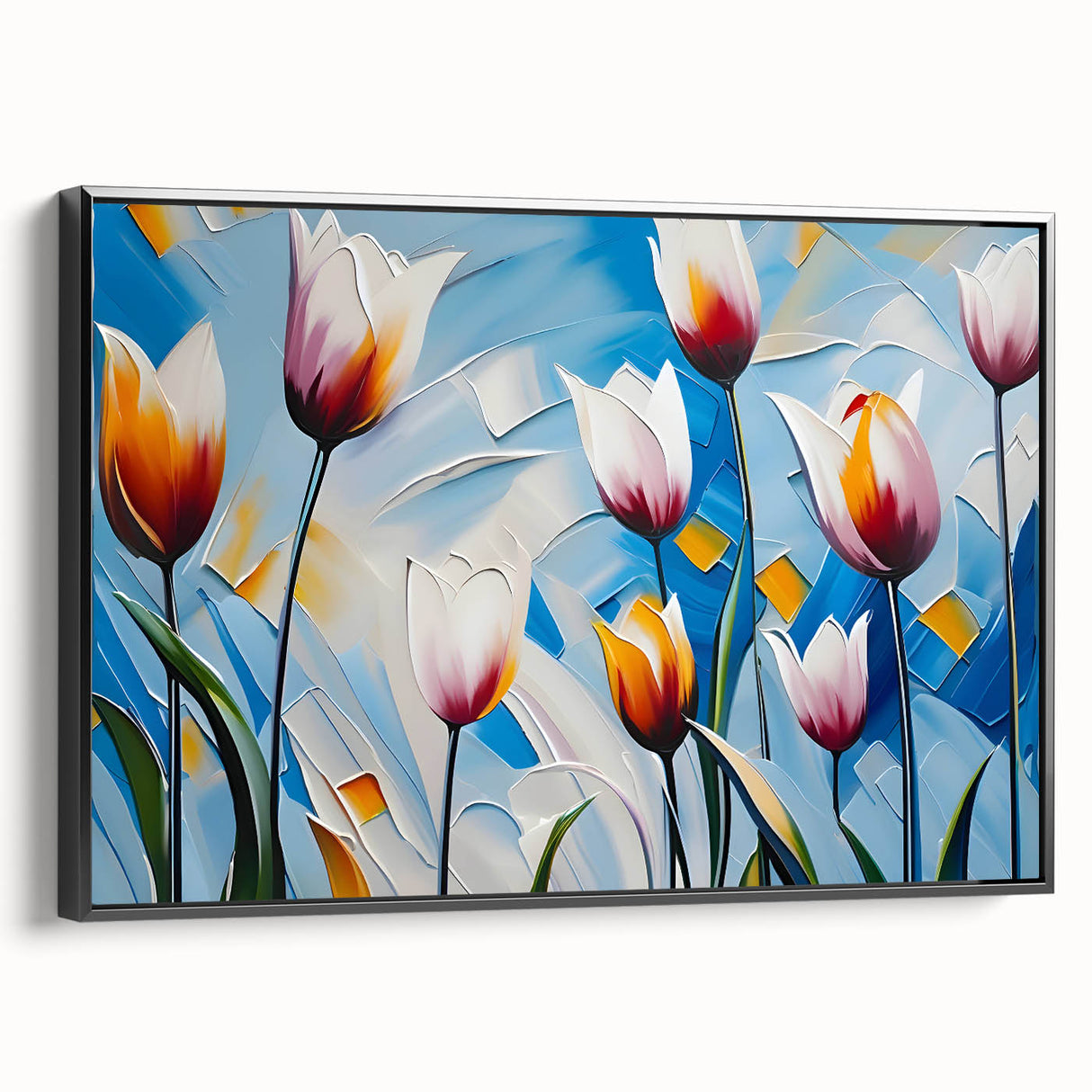 Vibrant floral artwork featuring colorful blooms and lush green leaves on a textured canvas, ideal for home decor and enhancing interior aesthetics.