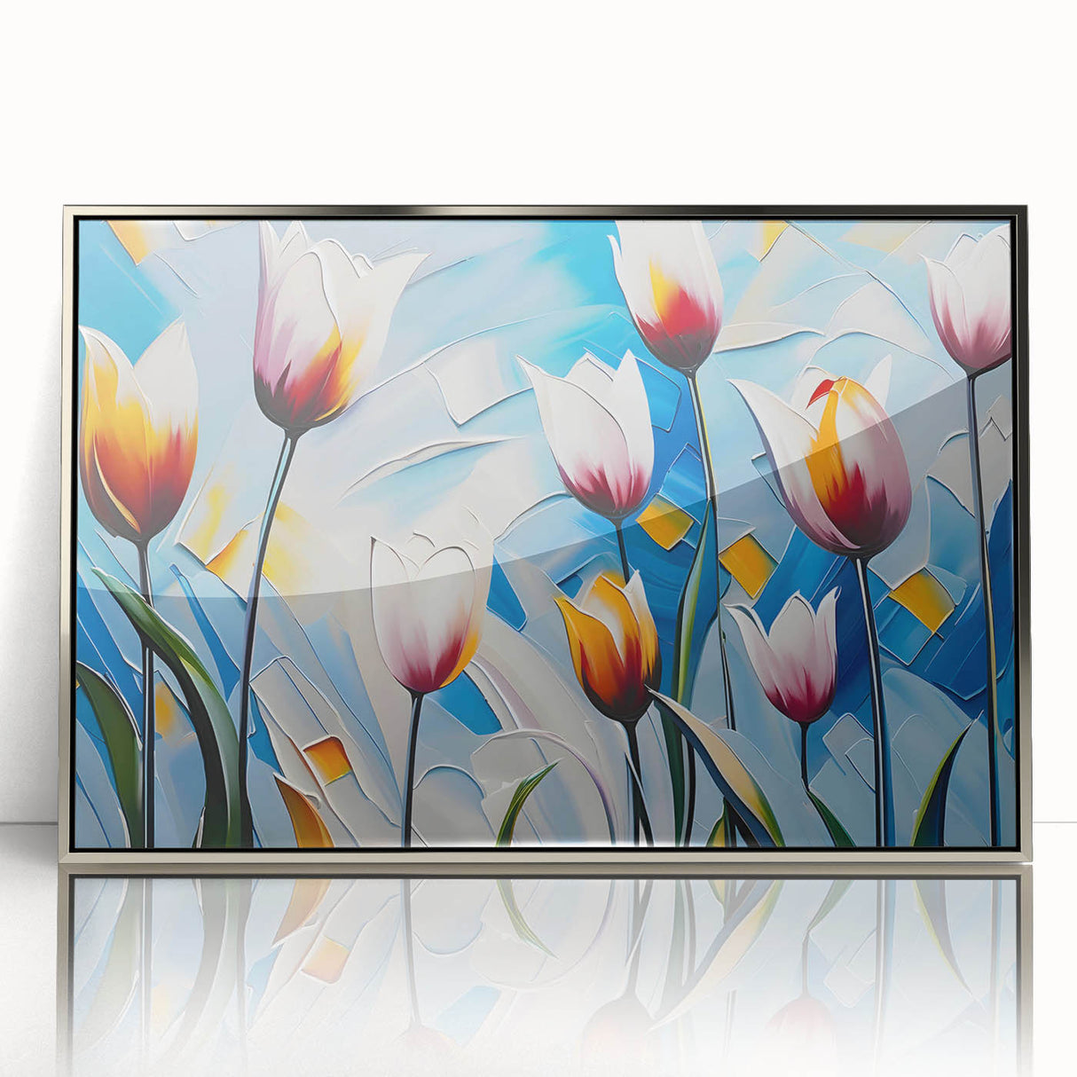 Vibrant floral canvas art print showcasing a colorful arrangement of blooming flowers in a serene setting, ideal for enhancing home decor with a touch of nature.