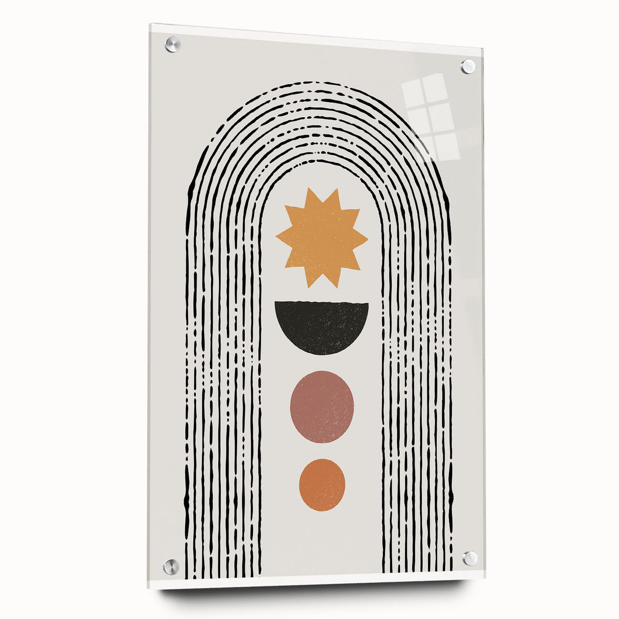 Side view of a minimalist abstract wall art collection displayed in an acrylic glass frame, showcasing vibrant colors and modern design with visible hanging pins.