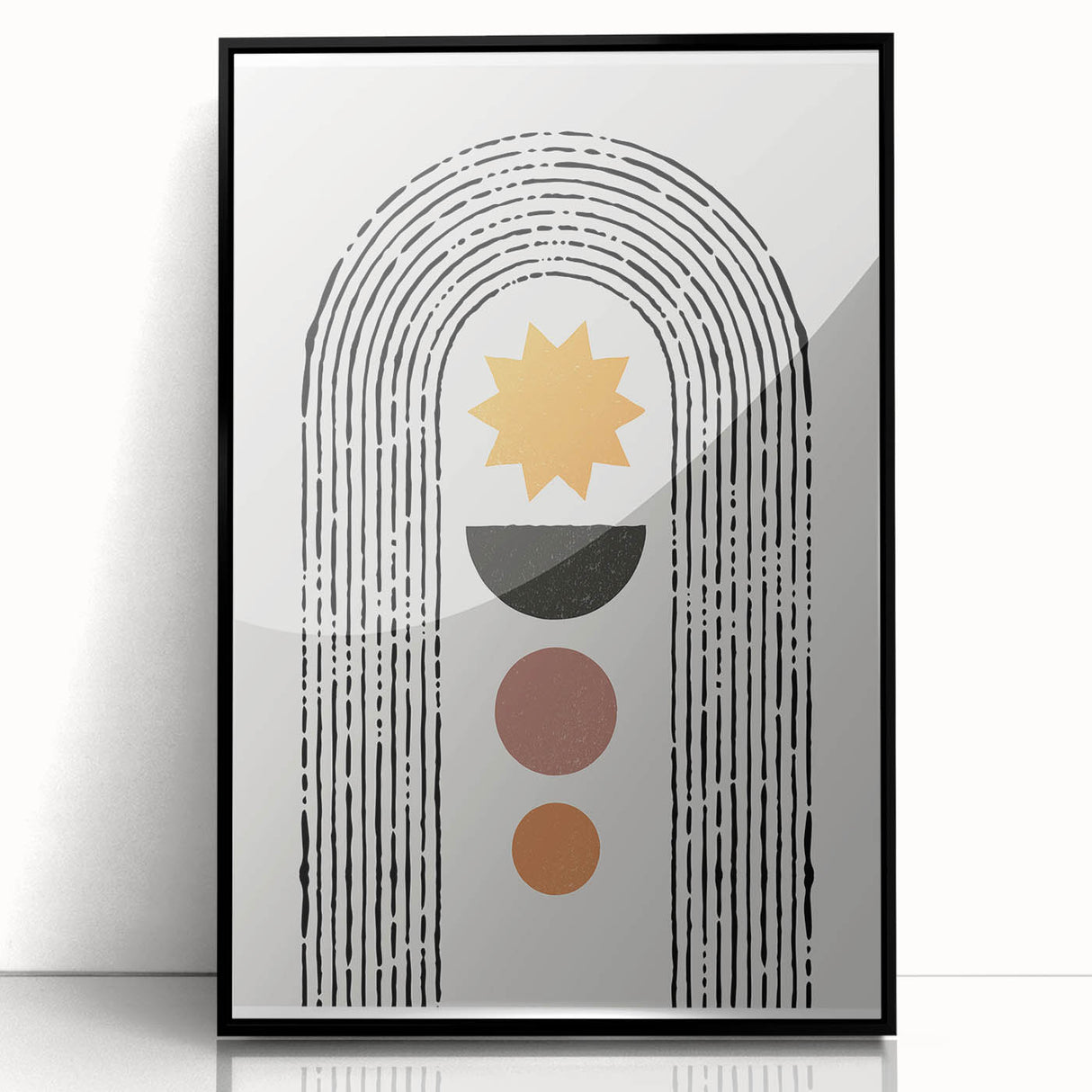 Framed abstract minimalist wall art design featuring a sleek black frame, showcasing elegant, geometric patterns in soft, muted colors. Perfect for modern decor.