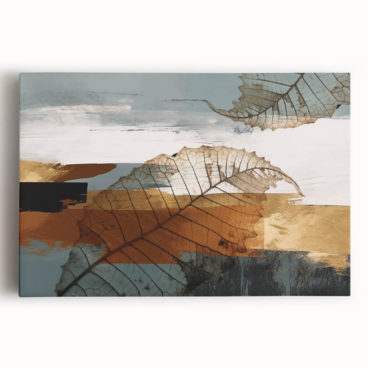 Abstract wall art canvas showcasing vibrant strokes and lines in shades of blue, orange, and yellow, perfect for modern decor.