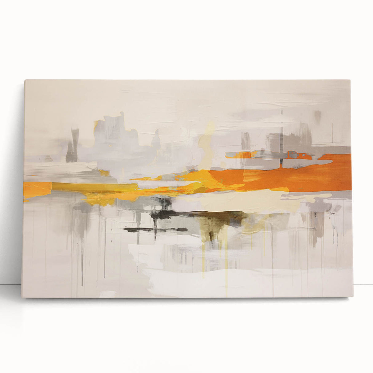 Abstract wall art design featuring vibrant strokes and lines in shades of blue, orange, and yellow on stretched canvas, perfect for modern decor.
