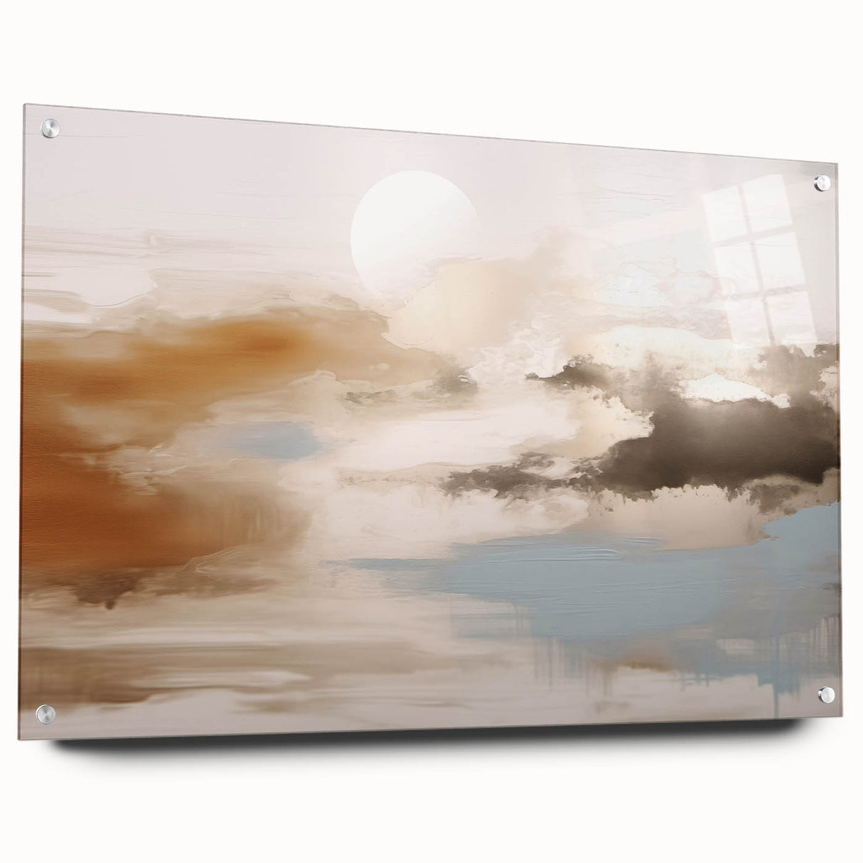 Abstract wall art featuring a dynamic composition of colorful strokes and lines, displayed in an acrylic frame with metal pins, showcasing a modern design ideal for contemporary decor.