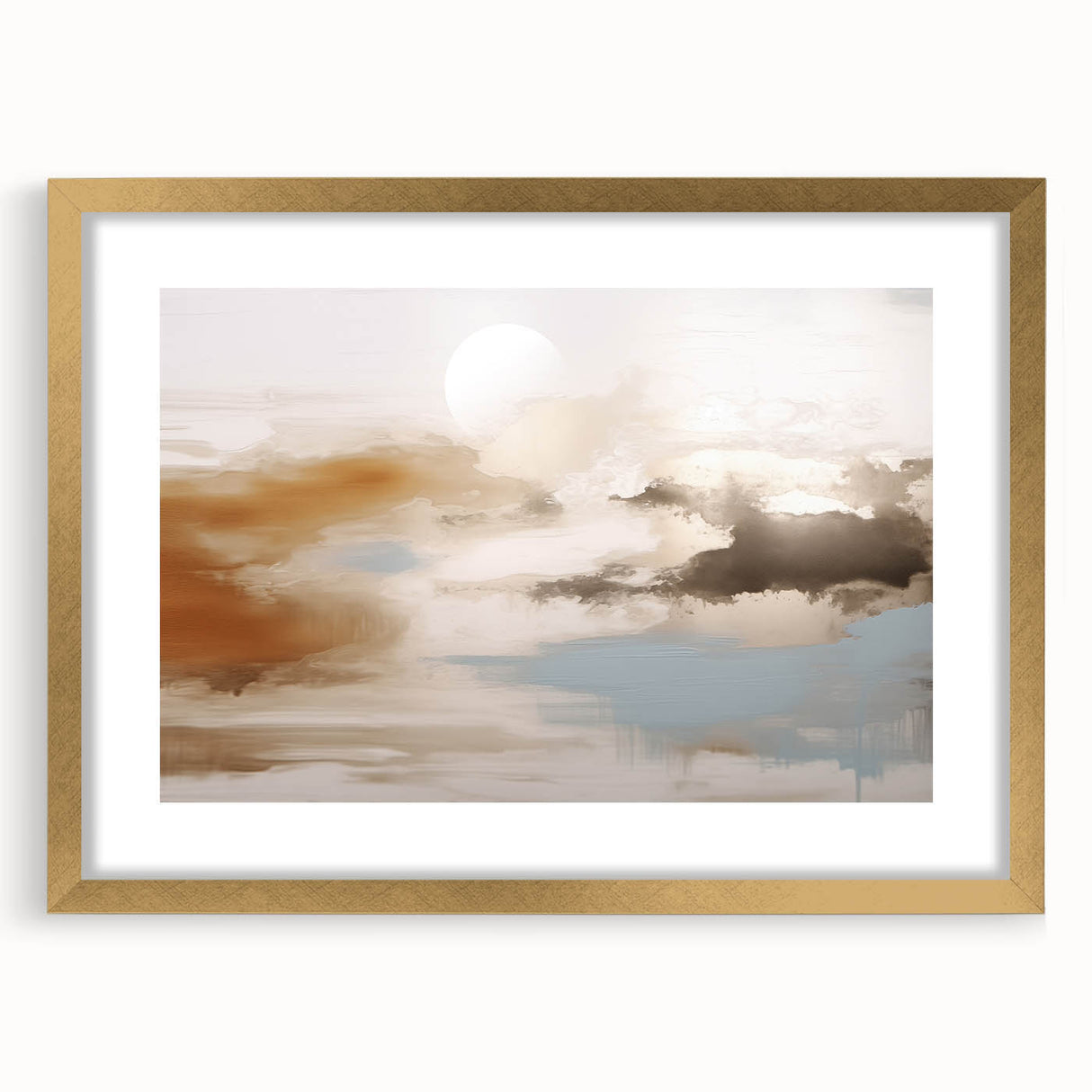 Abstract wall art print featuring dynamic strokes and lines in gold and neutral tones, framed with a mat for an elegant finish, perfect for modern decor.