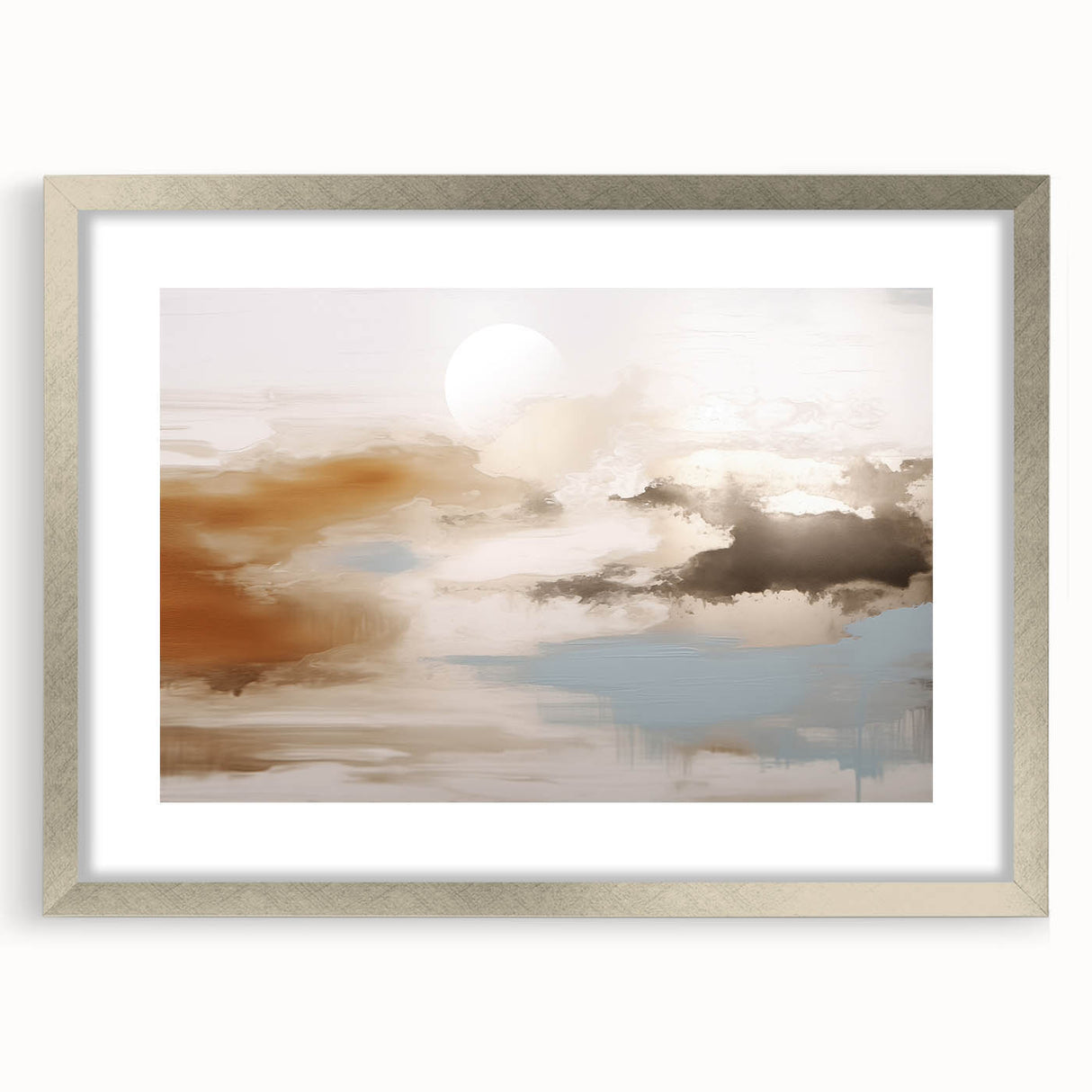 Abstract wall art featuring dynamic strokes and lines in a modern design, framed in silver with a mat, perfect for contemporary home decor.