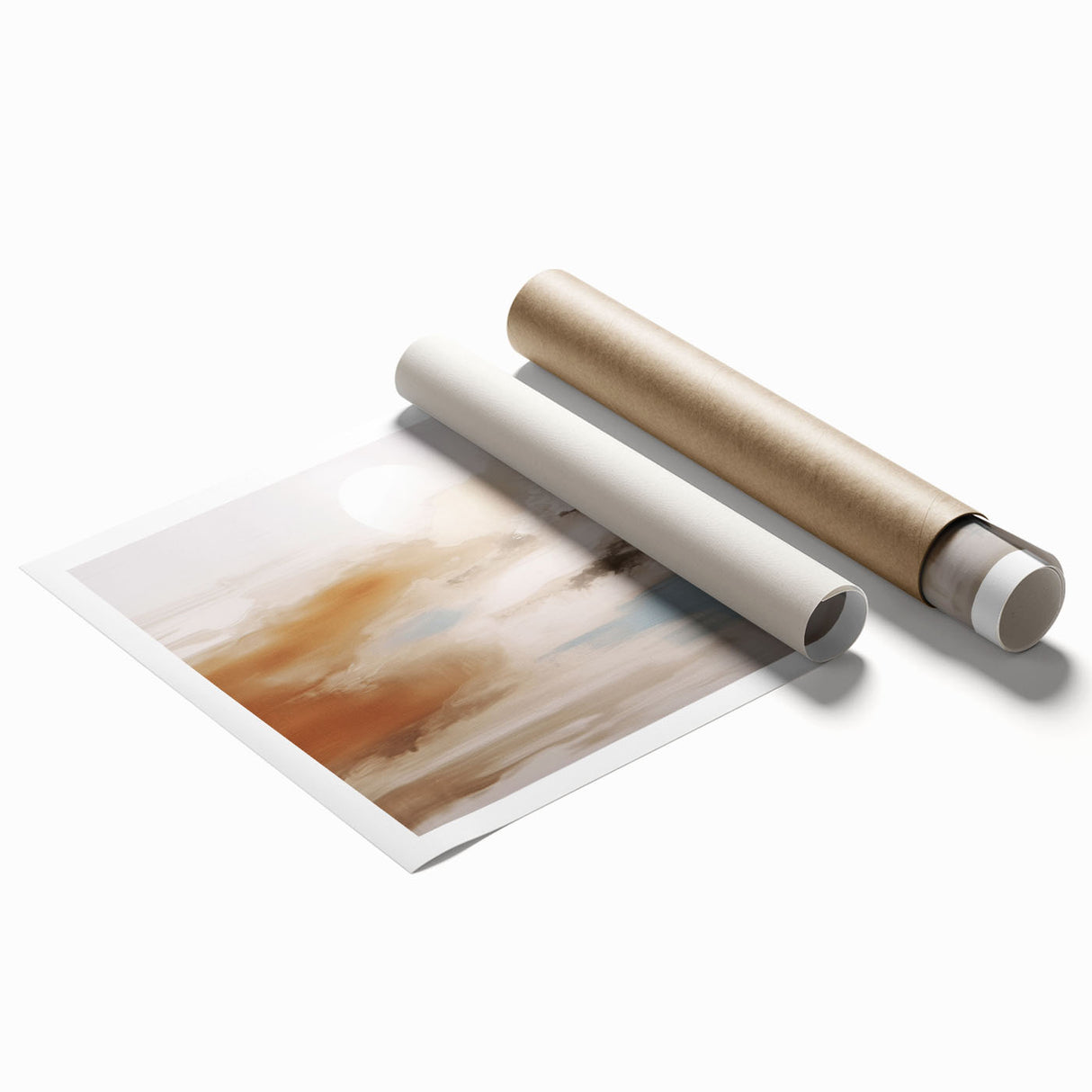 Abstract wall art print featuring vibrant strokes and lines in shades of blue, orange, and gold. Perfect for modern home decor, this rolled canvas adds a dynamic touch to any space.