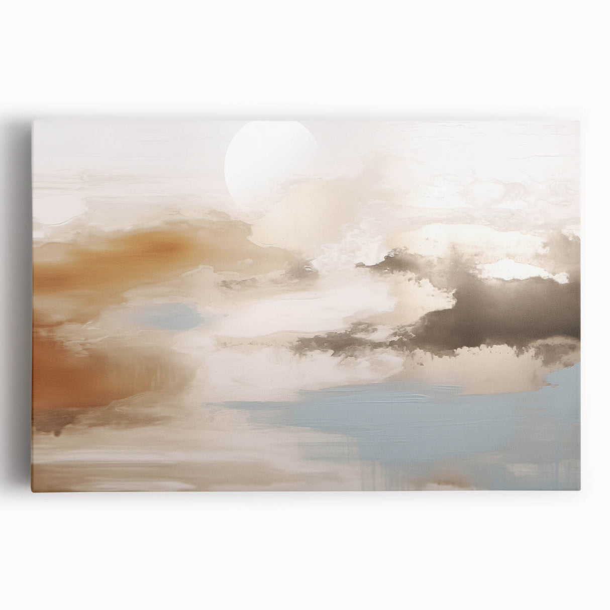 Abstract wall art featuring vibrant strokes and lines in hues of blue, orange, and yellow, printed on stretched canvas, ideal for contemporary decor.
