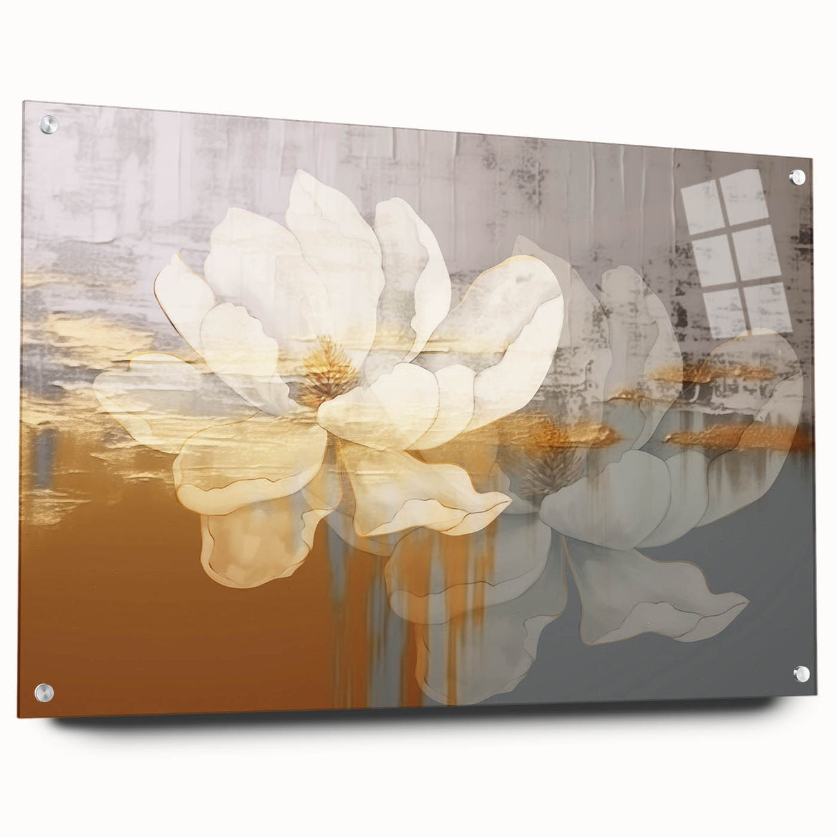 Abstract wall art design showcasing vibrant strokes and lines in an acrylic glass frame, displayed from a side view with pins, perfect for modern decor.