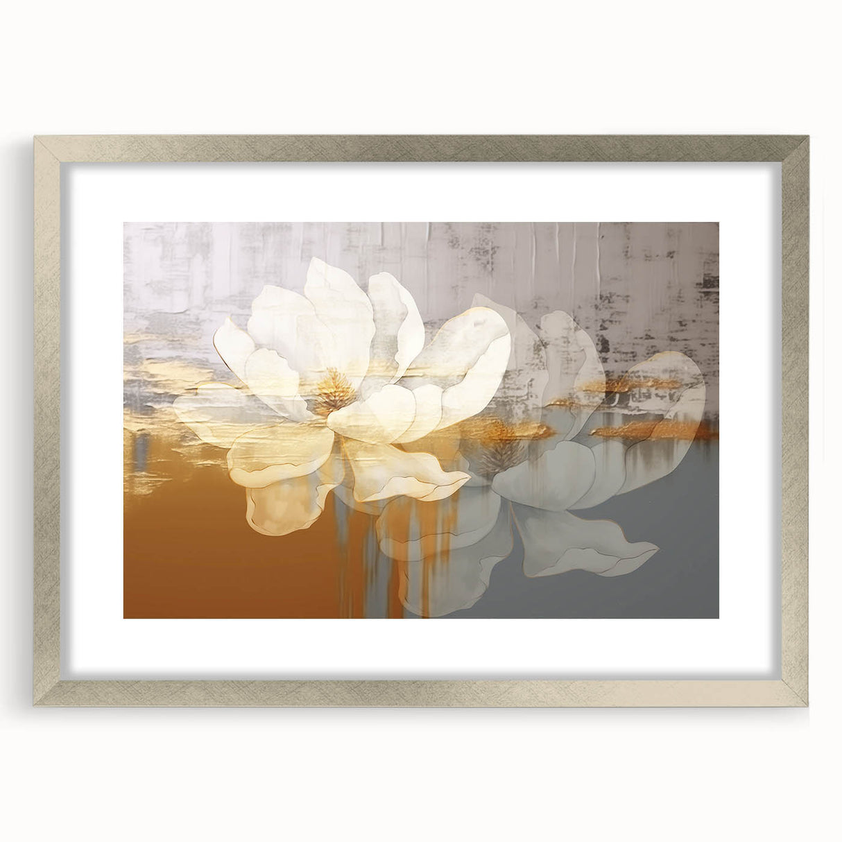 Abstract wall art featuring dynamic strokes and lines in a modern design, framed in silver with a mat, perfect for contemporary home decor.