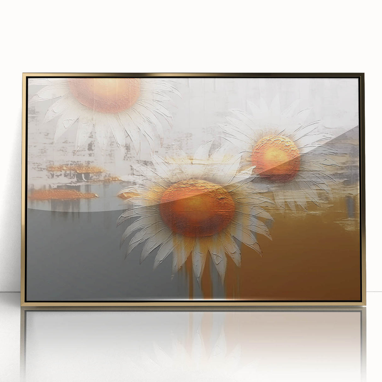 Framed wall art featuring an abstract design of gold strokes and lines, set against a dark background, adding a modern touch to home decor. Perfect for contemporary interiors.