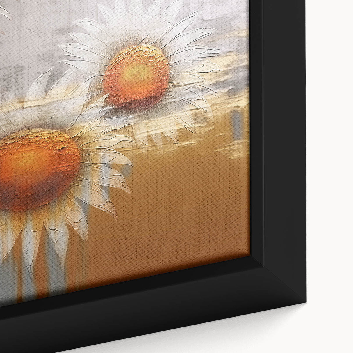 Close-up of a framed abstract wall art piece showcasing vibrant strokes and lines in shades of blue, orange, and yellow, adding a modern touch to any decor.