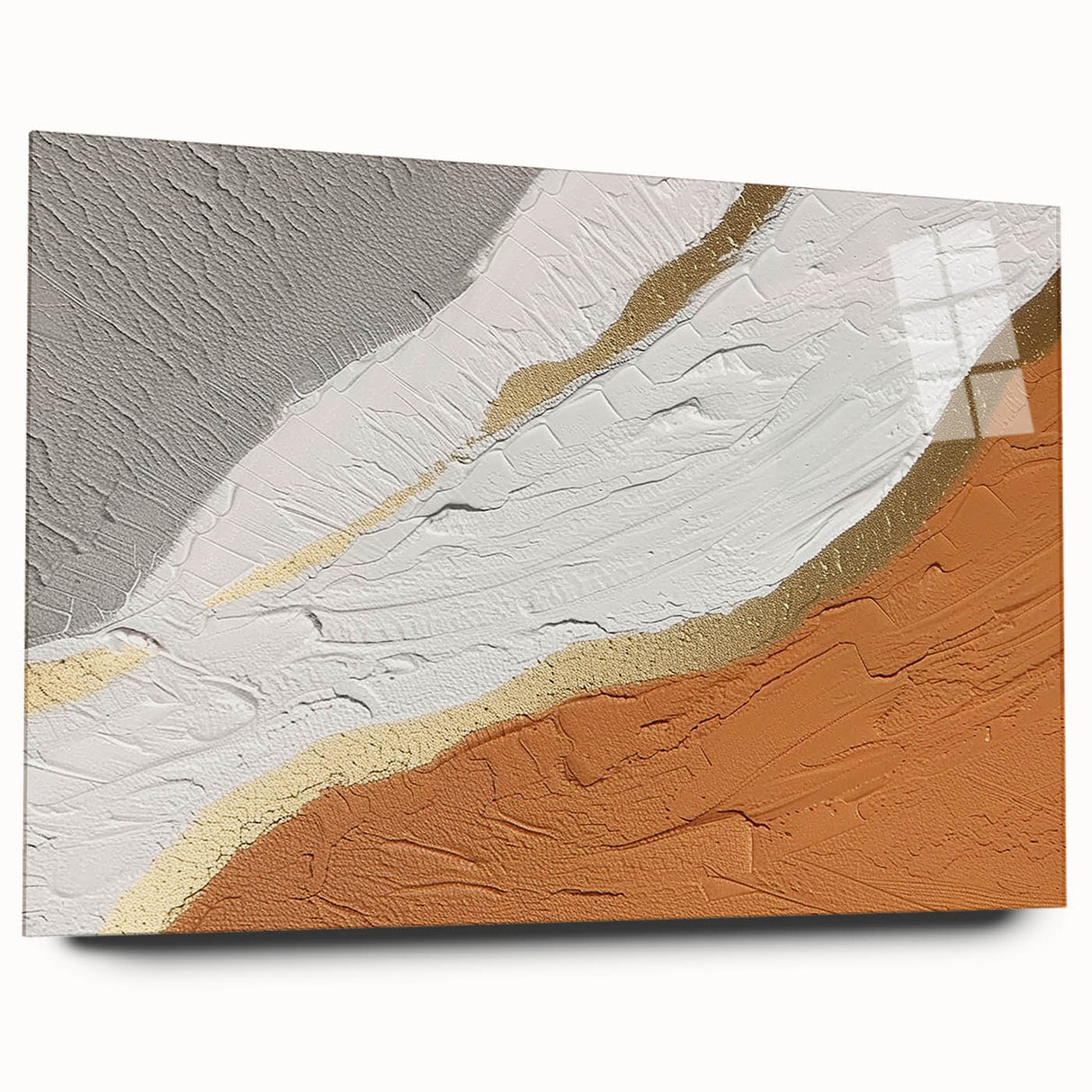 Abstract strokes and lines design on acrylic glass wall art, showcasing vibrant colors and a sleek side view, perfect for modern home decor. Ideal for art enthusiasts.