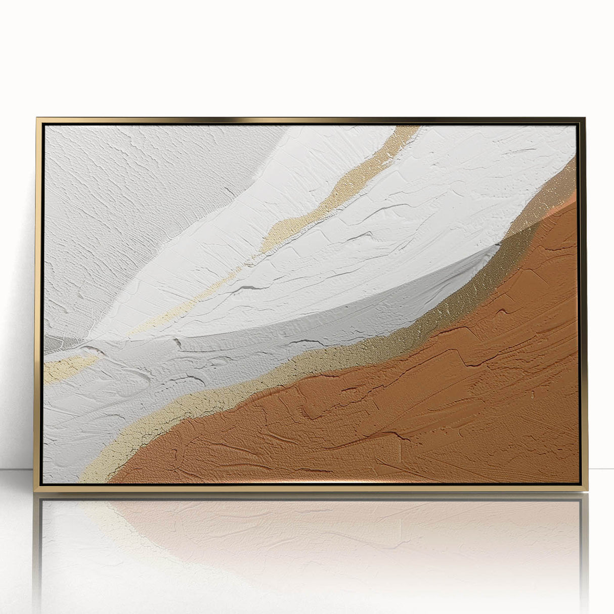 Framed abstract wall art featuring vibrant gold strokes and lines against a sleek white background, ideal for modern decor. Perfect for adding elegance to any living space.