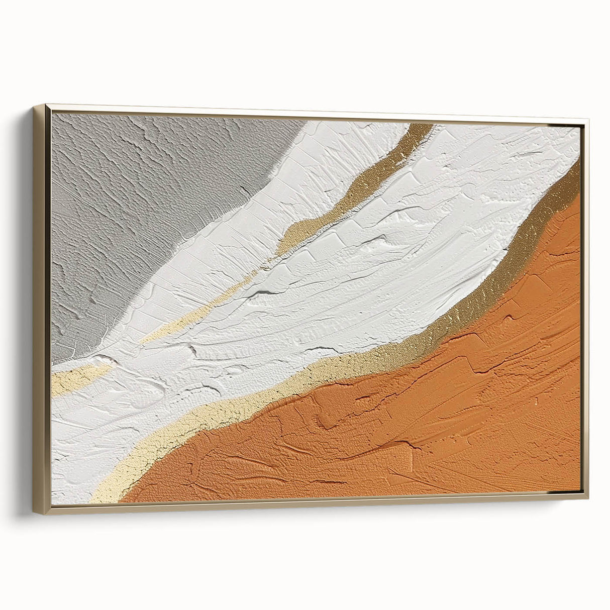Framed canvas wall art showcasing an abstract design with gold strokes and lines, adding elegance and modern flair to any decor. Ideal for contemporary home aesthetics.