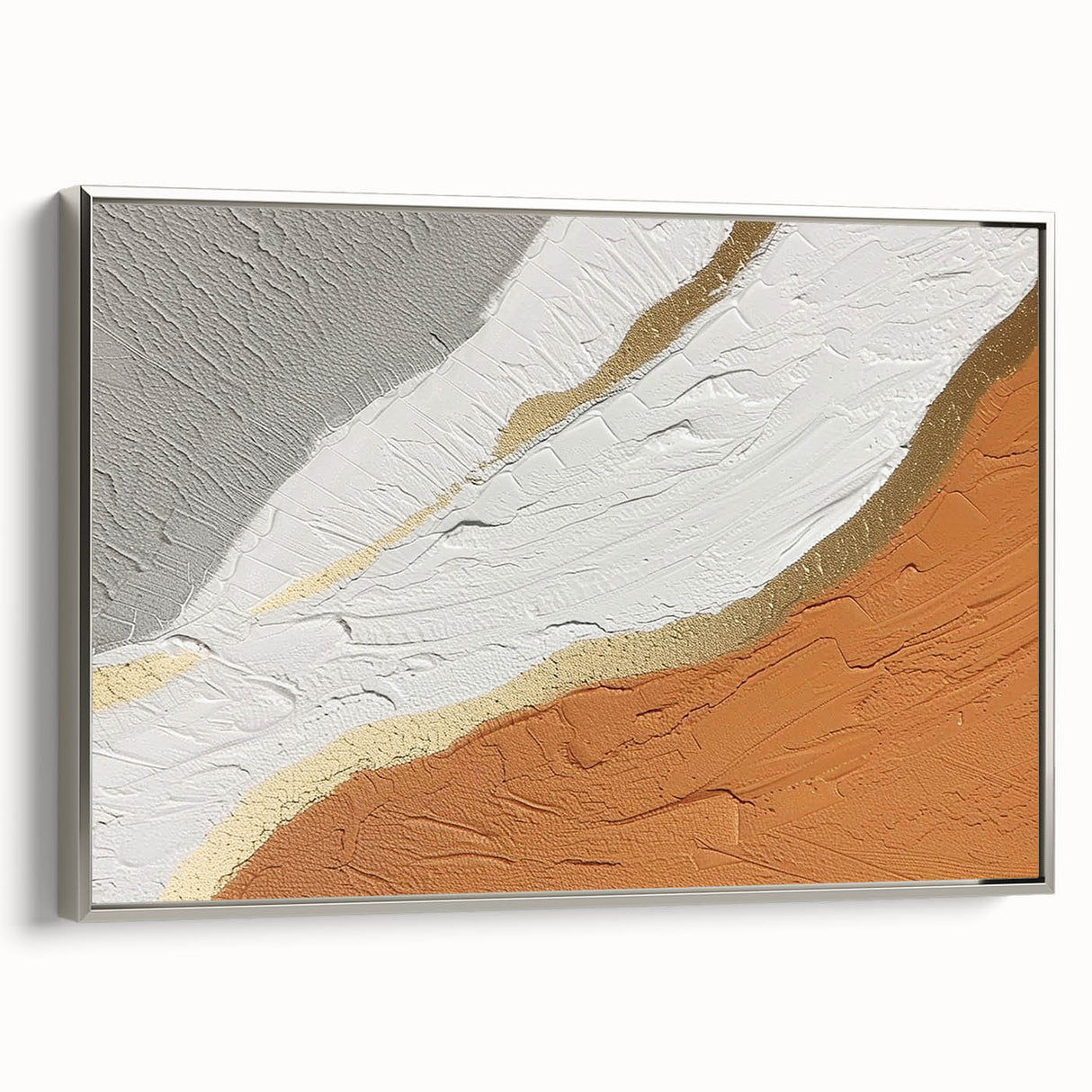 Framed abstract wall art featuring elegant silver strokes and lines on a textured canvas, showcasing a modern design perfect for contemporary home decor.