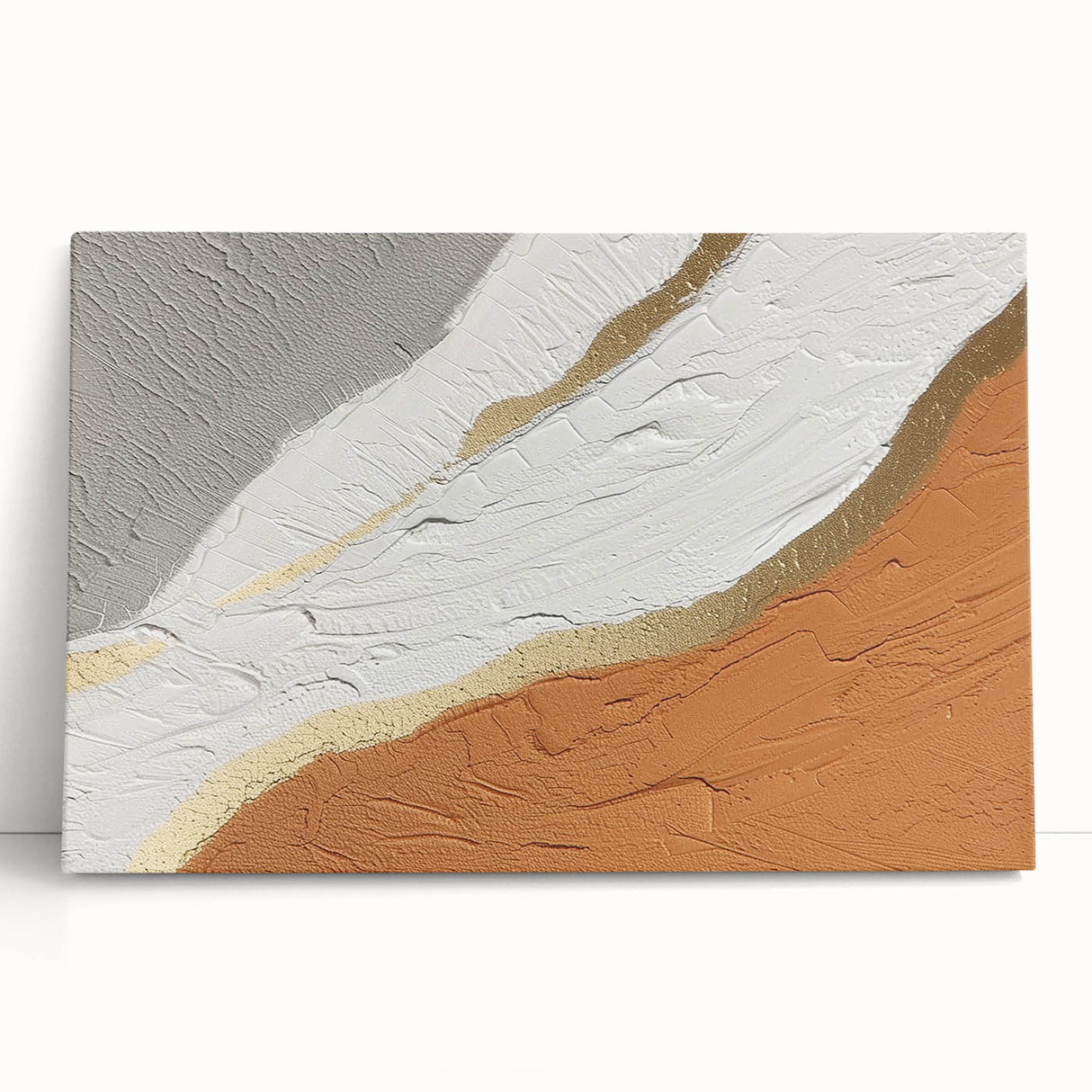 Abstract wall art design featuring vibrant strokes and lines in a modern color palette, printed on stretched canvas, leaning against a neutral wall for an artistic display. Perfect for adding a contemporary touch to home decor.