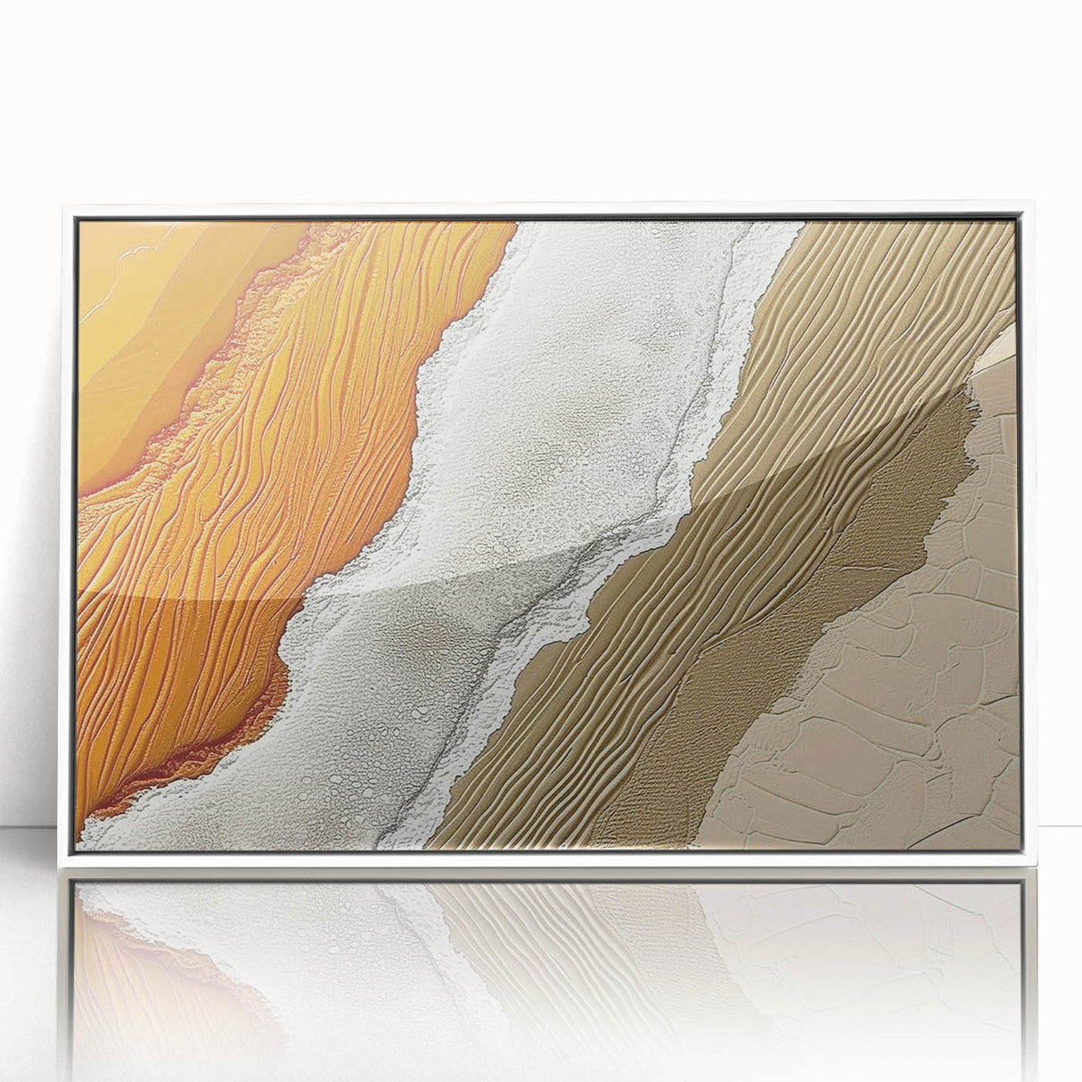Framed abstract wall art featuring dynamic strokes and lines in soft hues of white and pastel colors, perfect for modern home decor and artistic expression.