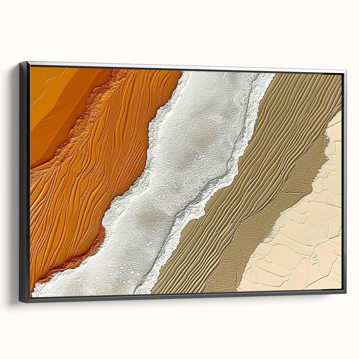Framed canvas wall art showcasing an abstract design with colorful strokes and lines on a black background, viewed from the side, ideal for modern decor.