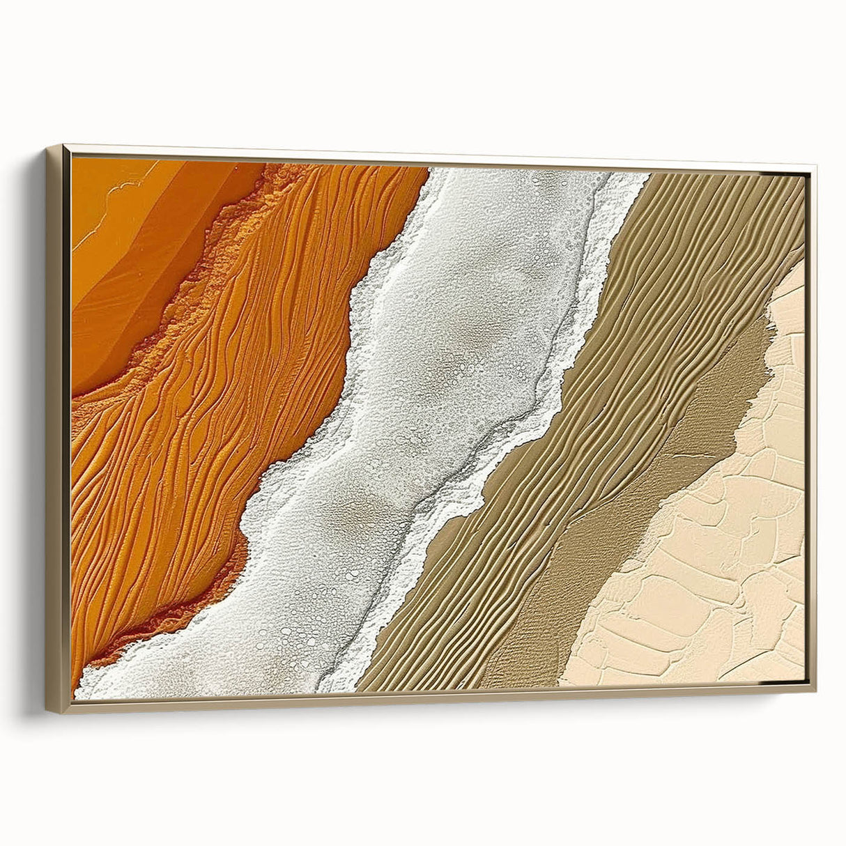 Framed canvas wall art showcasing an abstract design of gold strokes and lines, elegantly displayed from a side view, perfect for modern home décor.