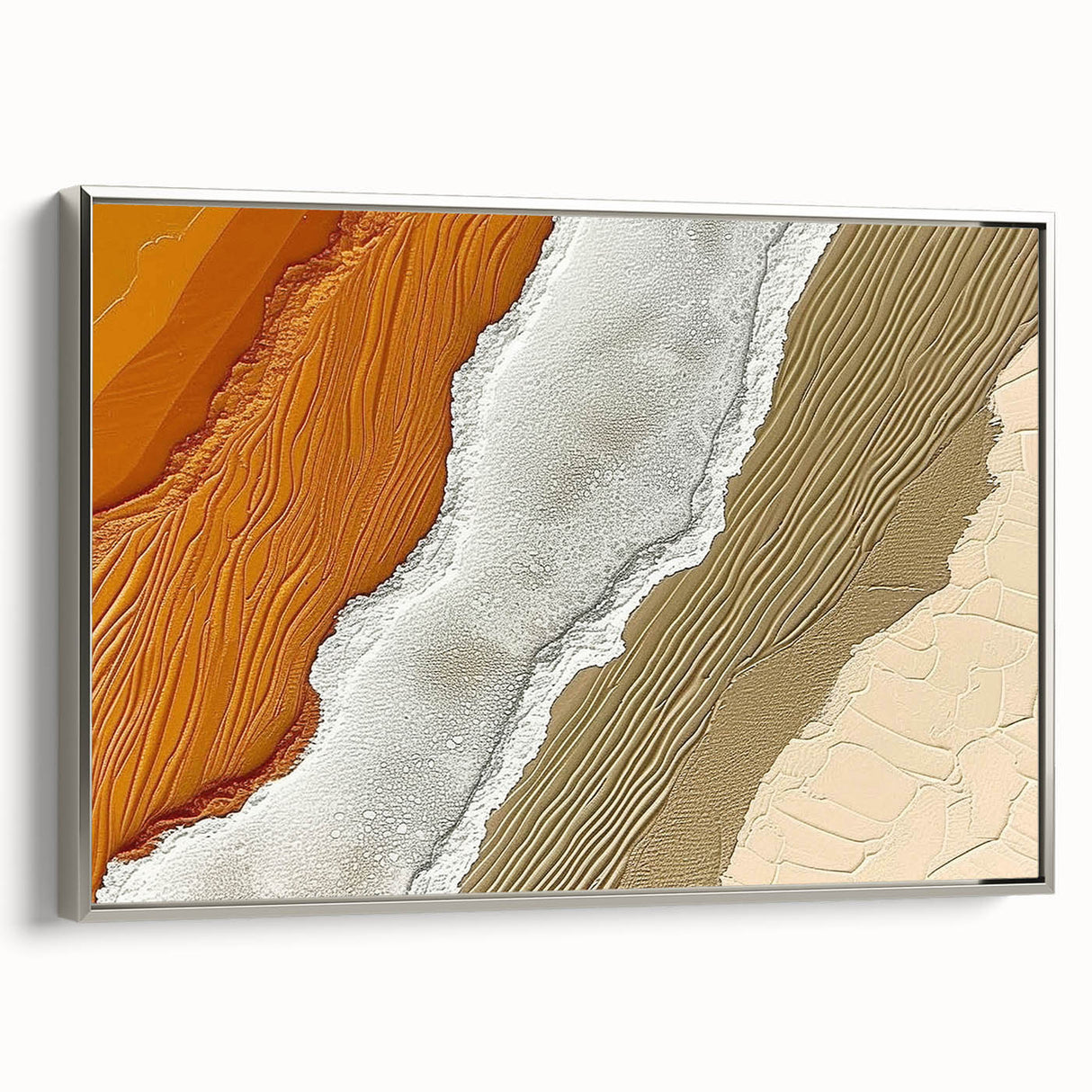 Framed canvas wall art showcasing an abstract design with dynamic strokes and lines in muted silver tones, ideal for modern home decor.