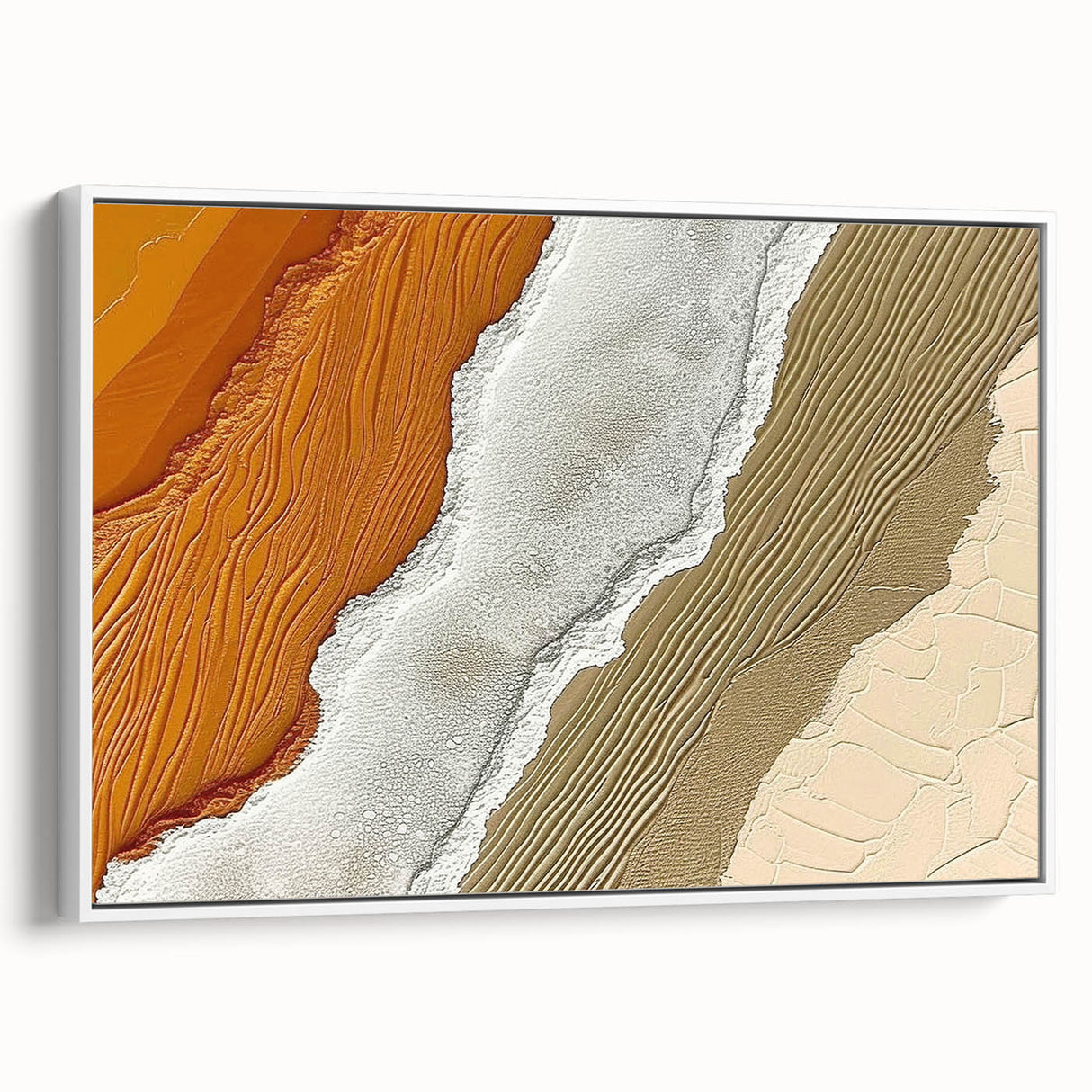 Framed wall art depicting abstract strokes and lines in a modern design, featuring white tones and a sleek side view, ideal for contemporary decor.