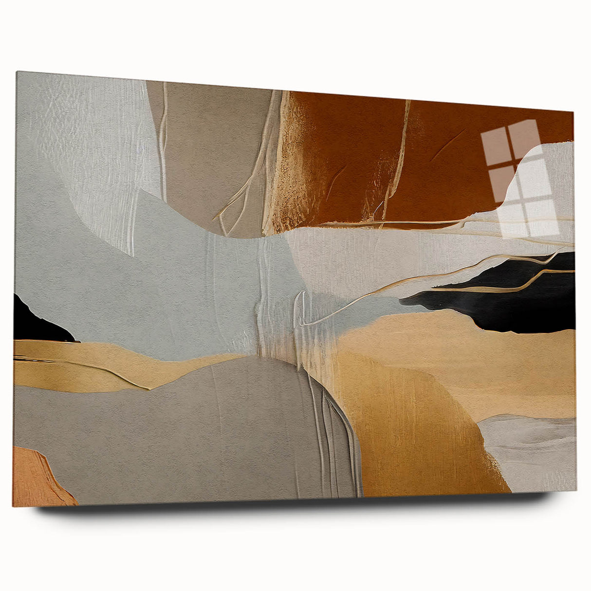 Abstract wall art featuring dynamic strokes and lines in vibrant colors, displayed in an acrylic glass frame, showcasing a contemporary design perfect for modern decor.