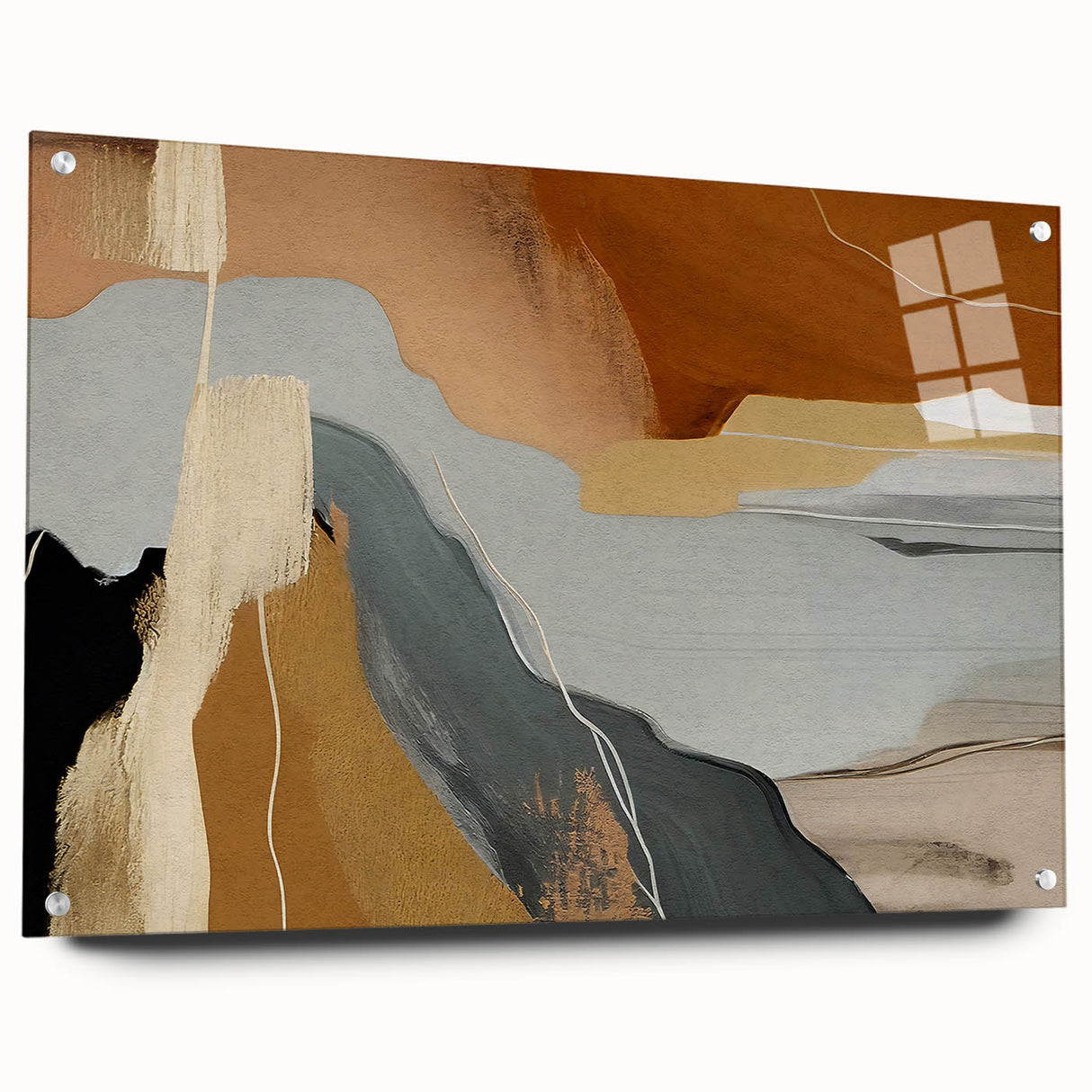 Abstract wall art design featuring colorful strokes and lines on acrylic glass, showcased from a side view with pins for hanging, ideal for modern decor.