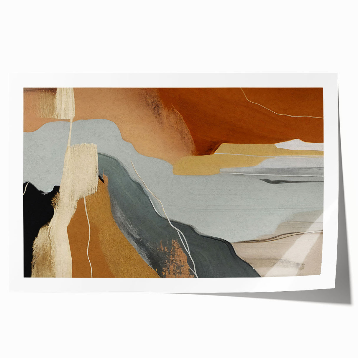 Abstract strokes and lines in vibrant colors create a modern wall art design, showcasing a dynamic interplay of shapes and textures for contemporary decor. This rolled print is ideal for adding an artistic touch to any room.