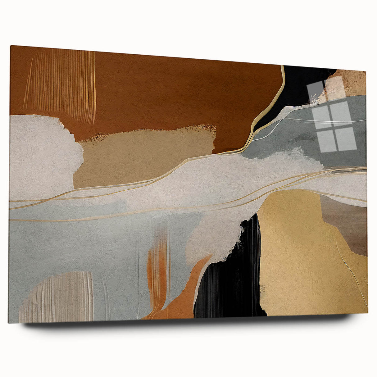 Abstract wall art design showcasing colorful strokes and lines on acrylic glass, displayed from a side view, perfect for modern home decor.