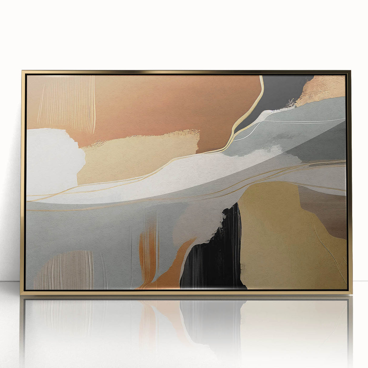 Framed wall art featuring an abstract design of gold strokes and lines on a textured background, ideal for modern home decor. Perfect for adding elegance and sophistication to any room.
