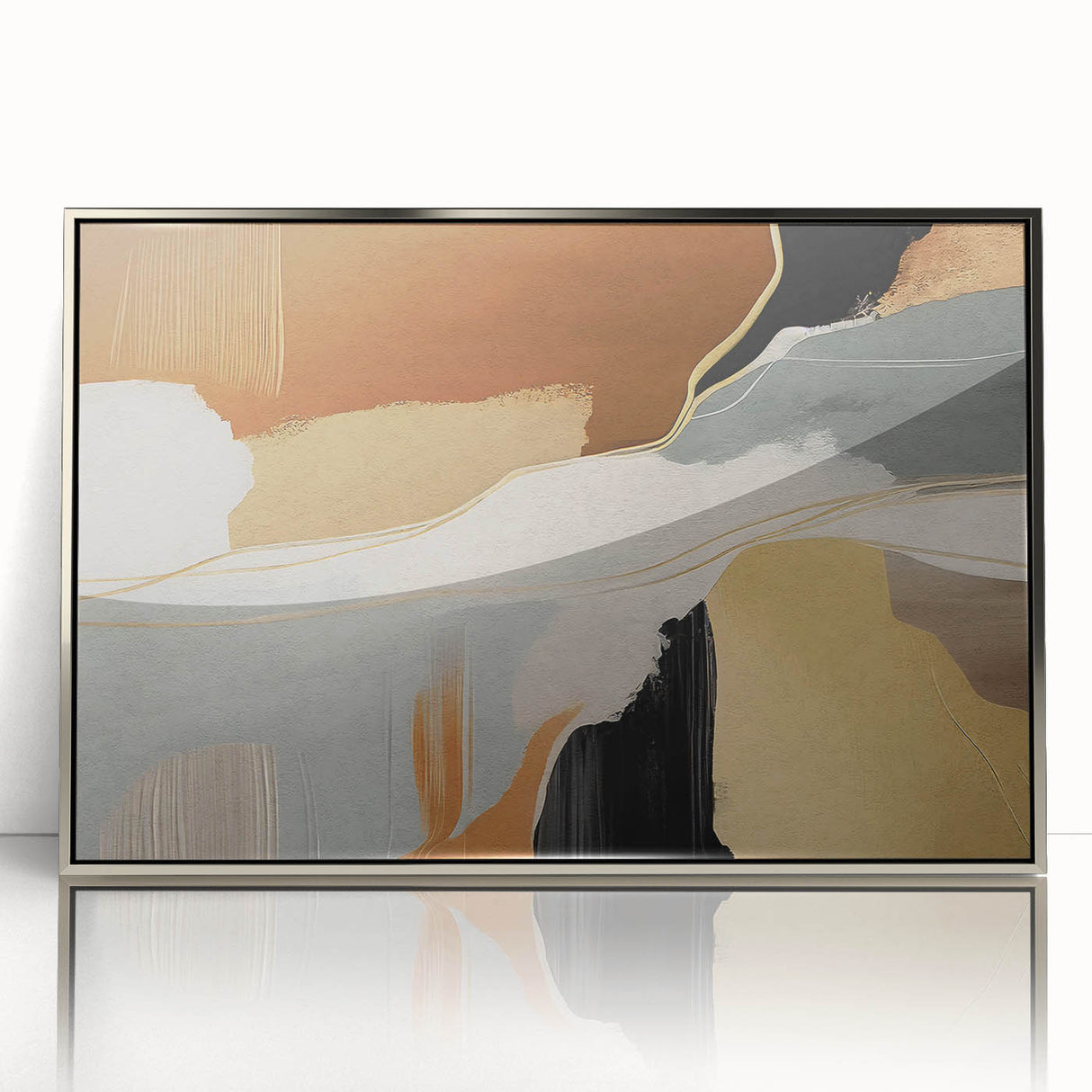 Framed abstract wall art featuring dynamic strokes and lines in silver and gray tones, perfect for modern decor. Ideal for enhancing living spaces or offices.