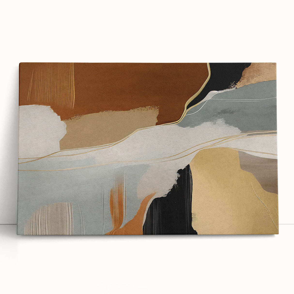 Abstract wall art featuring a vibrant composition of colorful strokes and lines on stretched canvas, showcasing a contemporary design ideal for modern home decor.