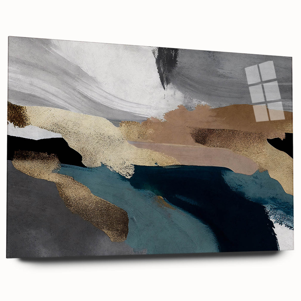 Abstract wall art featuring vibrant strokes and lines in a modern design, displayed in an acrylic glass frame, showcasing a side view without pins, ideal for contemporary decor.