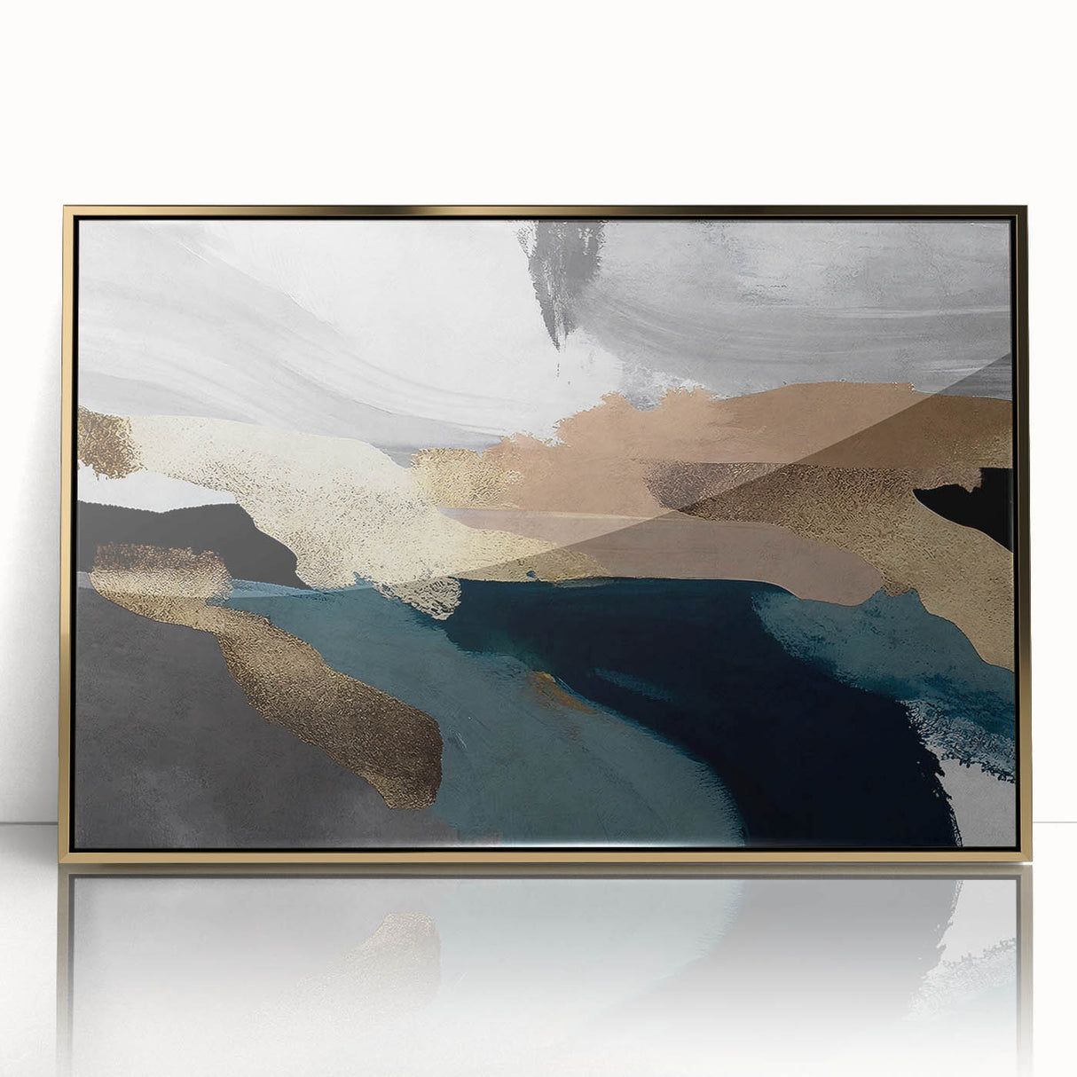 Framed abstract wall art featuring elegant strokes and lines in gold and black, perfect for modern home decor. Adds a touch of sophistication to any room.
