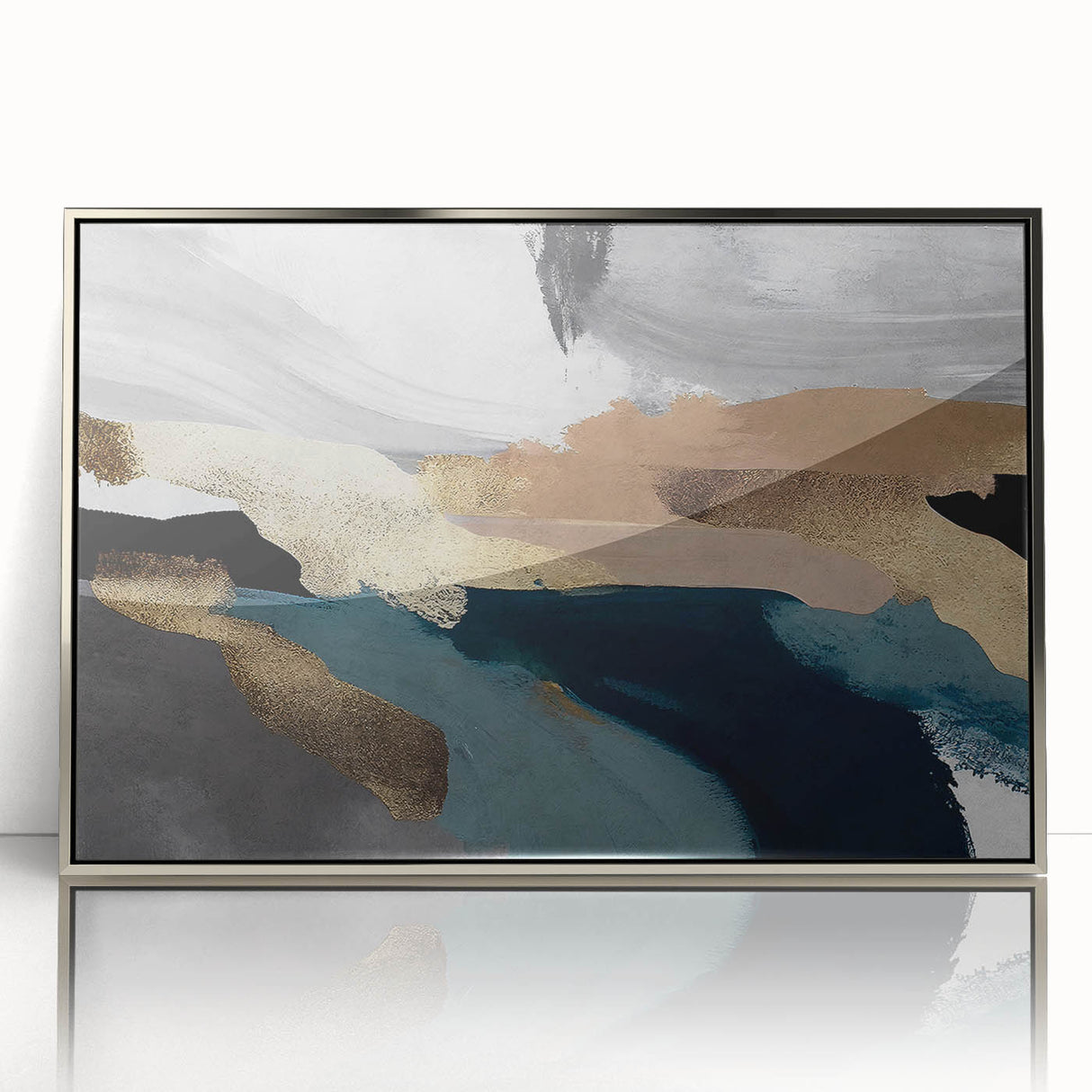 Framed wall art featuring an abstract design of colorful strokes and lines, with a sleek silver frame, perfect for modern home decor or office spaces.