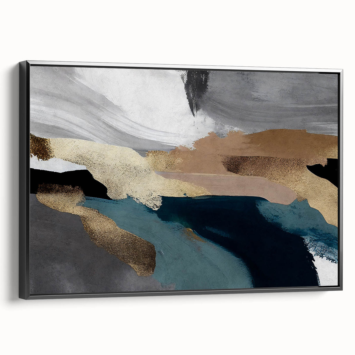 Framed canvas wall art depicting an abstract design with colorful strokes and lines, presented in a black frame, showcasing a modern artistic flair suitable for contemporary decor.
