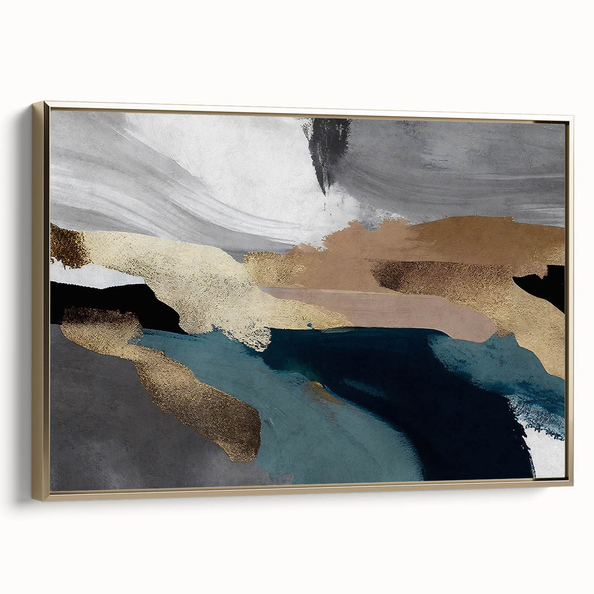 Framed canvas wall art featuring an abstract design with strokes and lines in gold and black hues, showcasing a modern aesthetic from a side view perspective.