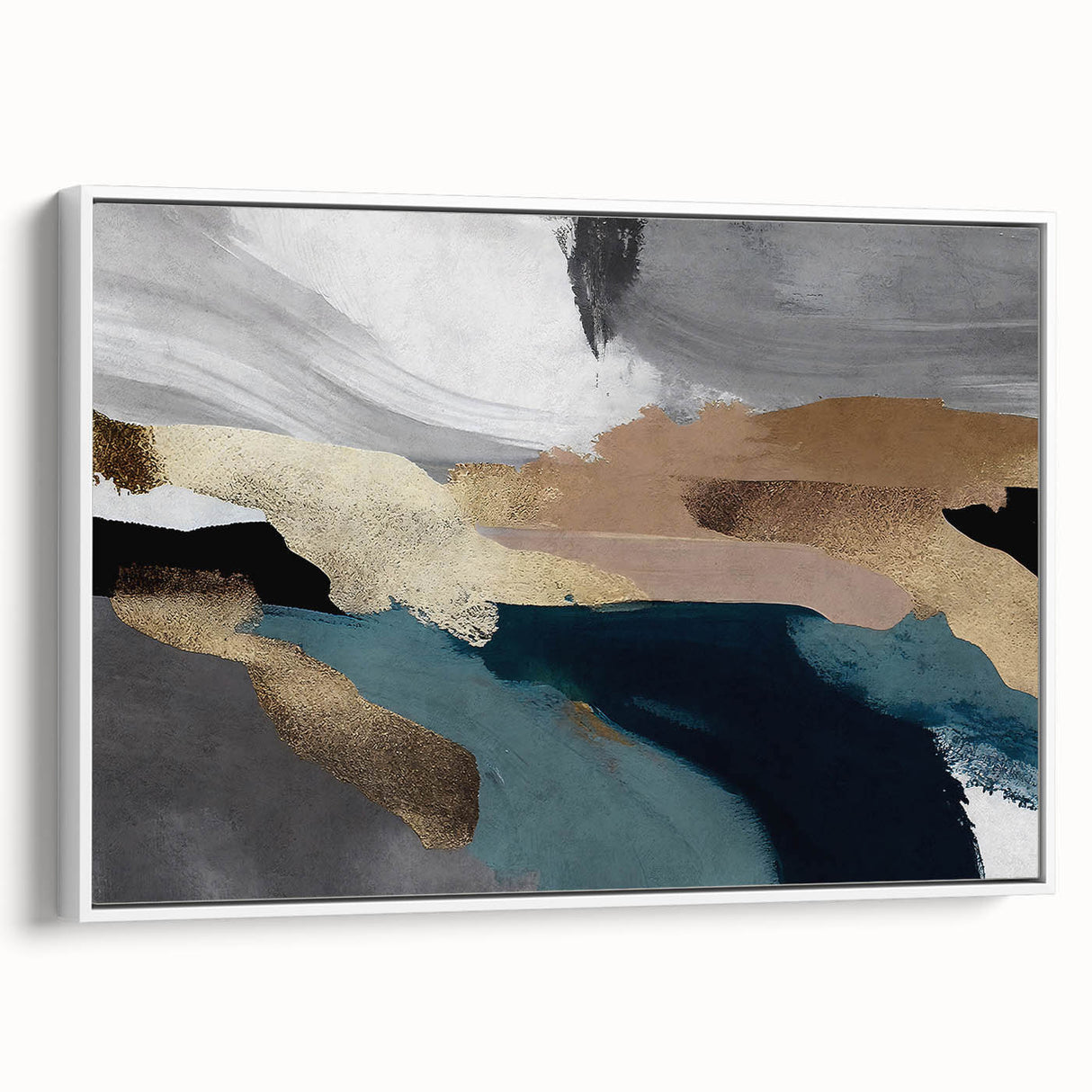 Framed canvas wall art showcasing an abstract design of colorful strokes and lines, featuring a white border and a modern aesthetic, ideal for contemporary decor.