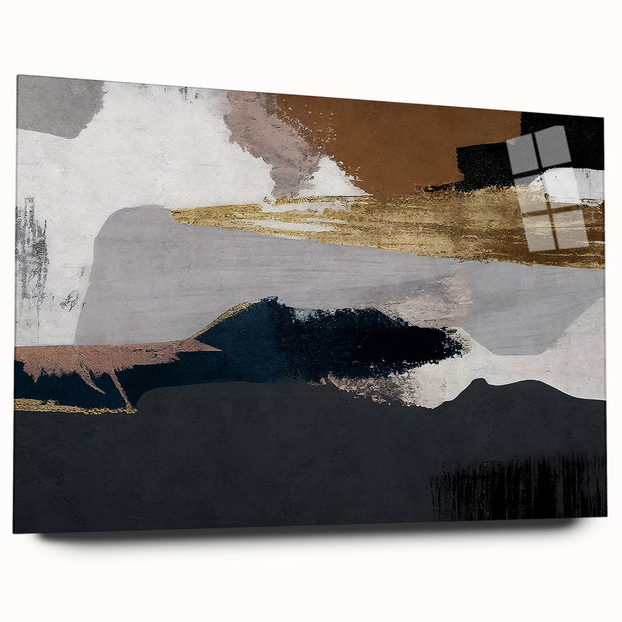 Abstract wall art featuring vibrant strokes and lines in a modern design, displayed in an acrylic glass frame, showcasing a side view without pins, ideal for contemporary decor. Perfect for adding a splash of color to any living space.