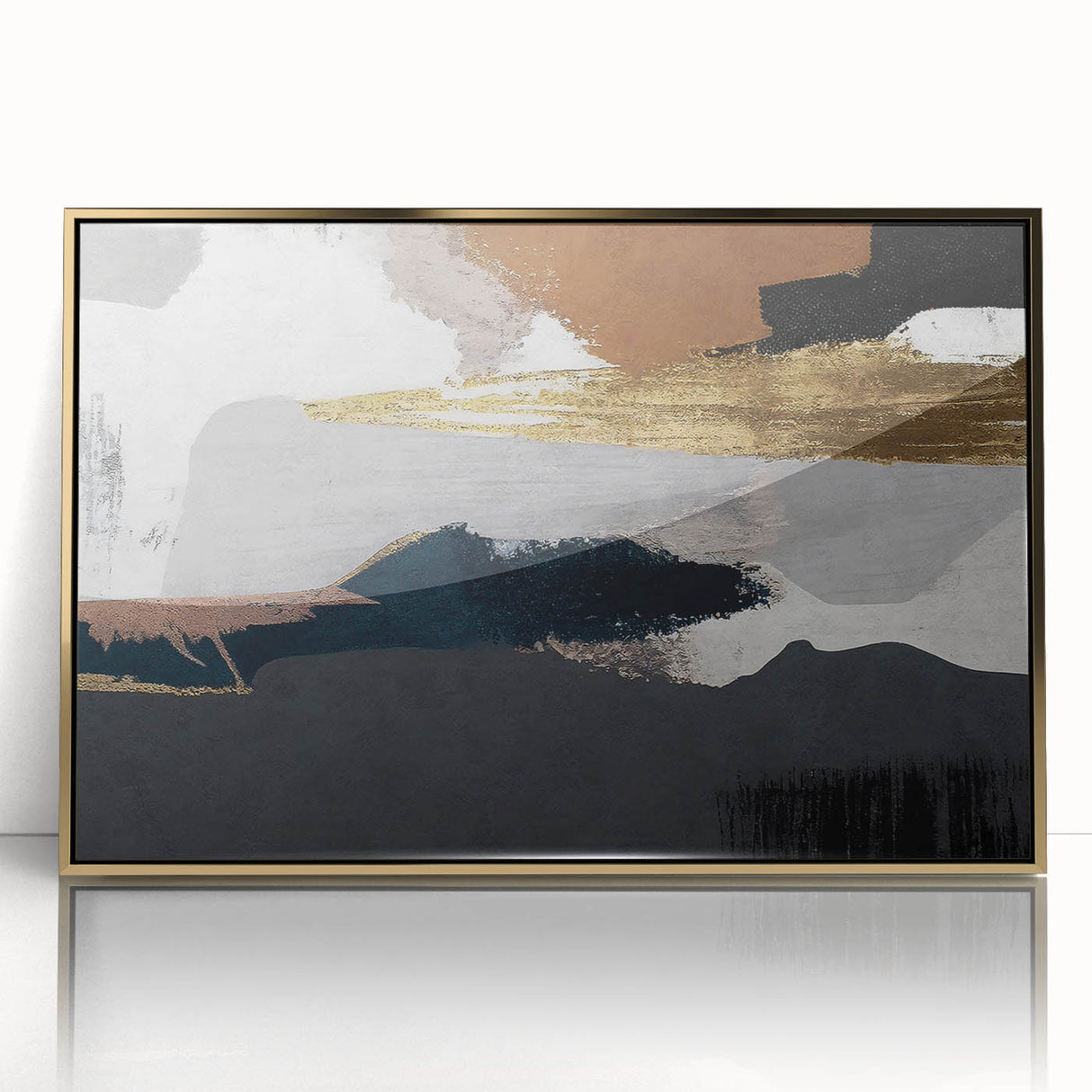 Framed wall art featuring an abstract design of colorful strokes and lines with a gold acrylic finish, perfect for enhancing modern home decor.
