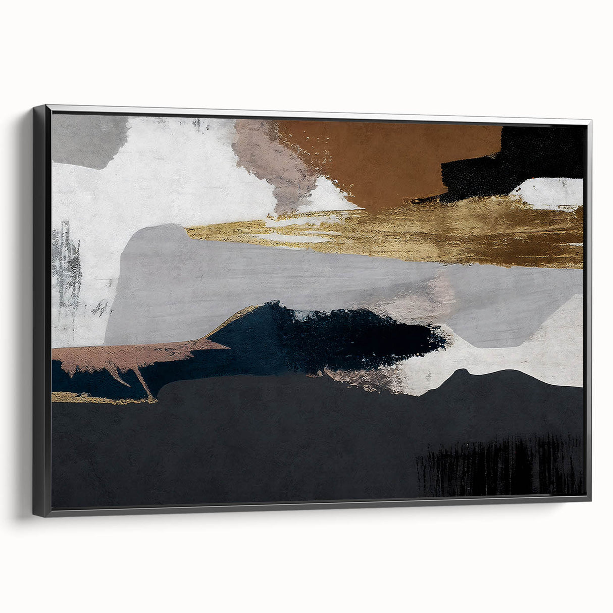 Framed canvas wall art showcasing an abstract design with bold strokes and lines in black, ideal for modern decor. Perfect for adding artistic flair to any room.