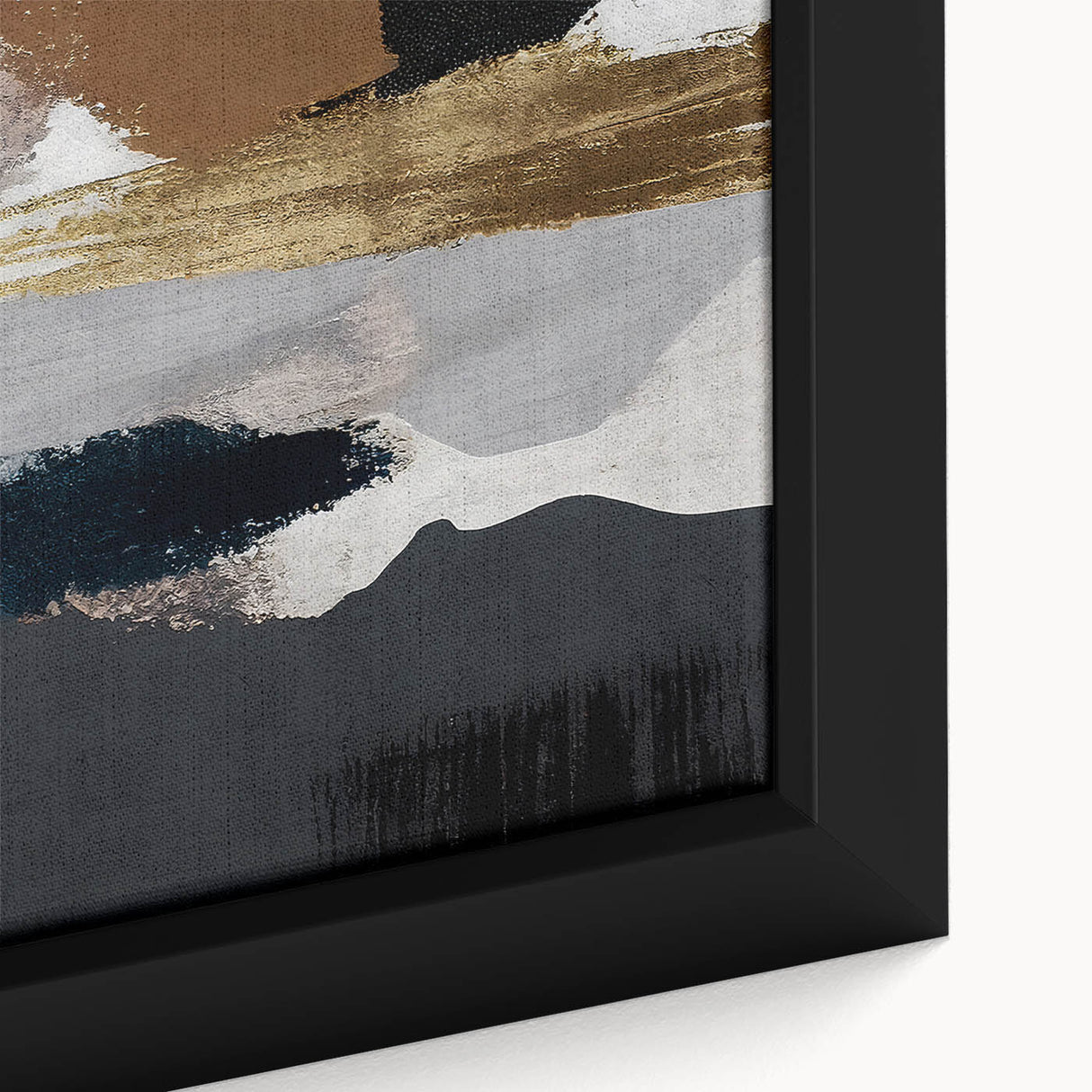 Close-up of a framed canvas artwork showcasing an abstract design with vibrant strokes and lines in shades of blue, orange, and gold, ideal for modern home decor.