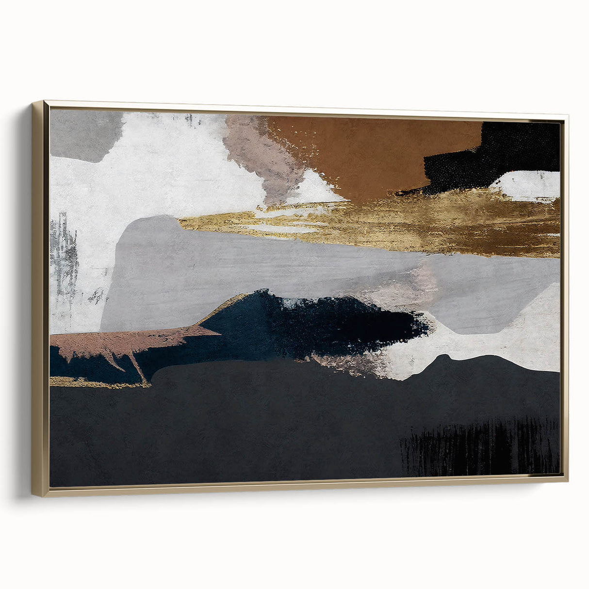 Framed wall art featuring an abstract design of strokes and lines in gold and black, showcasing a modern aesthetic suitable for contemporary decor. The artwork adds elegance and sophistication to any space, ideal for living rooms or offices.