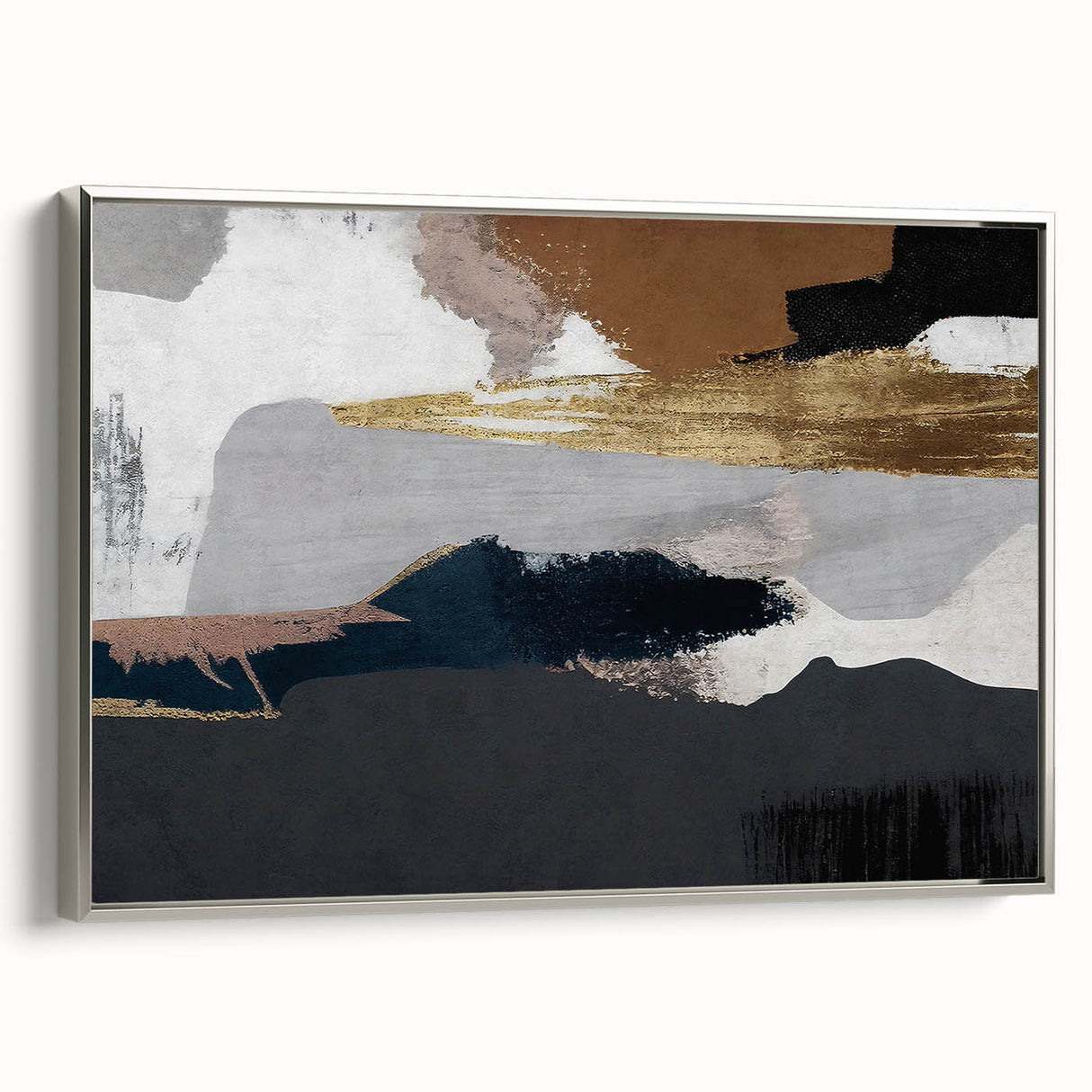 Framed canvas art showcasing an abstract strokes and lines design in silver tones, highlighting modern decor aesthetics for contemporary interiors.
