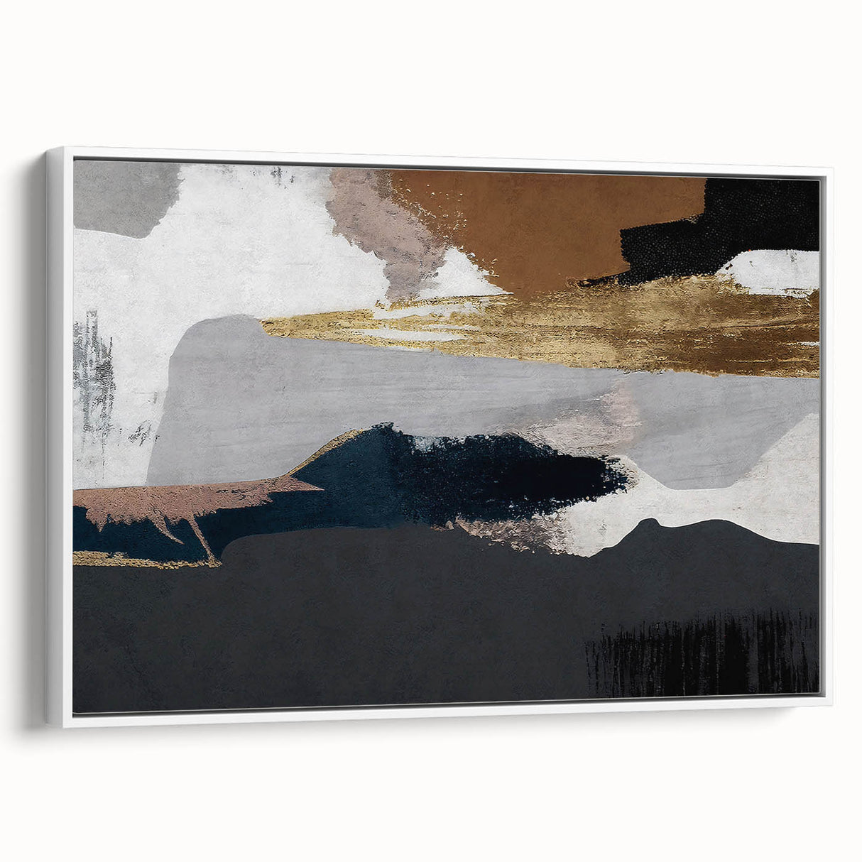 Framed canvas wall art featuring an abstract design of colorful strokes and lines, showcasing a modern aesthetic with a white frame, ideal for contemporary home decor.