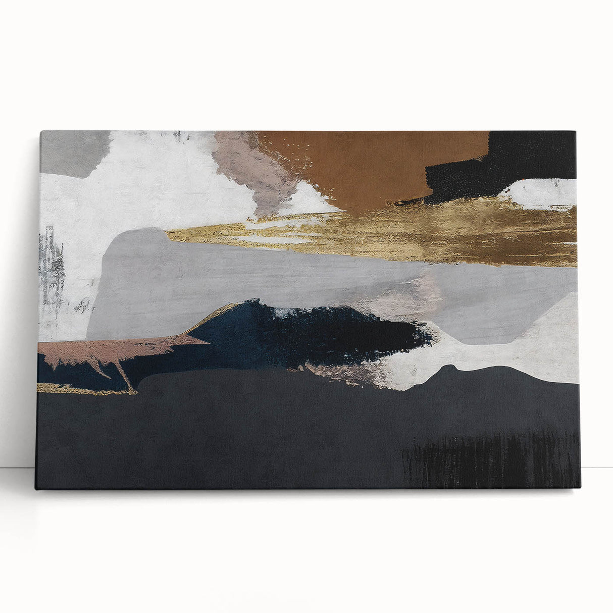 Abstract wall art featuring vibrant strokes and lines in shades of blue, orange, and gold, displayed on a stretched canvas. Perfect for modern home decor.
