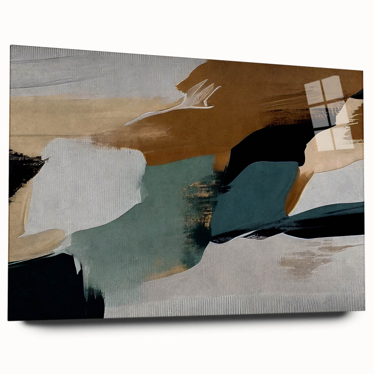 Abstract strokes and lines in vibrant colors create a modern wall art design, showcasing an acrylic glass frame that highlights the artwork's depth and texture. Ideal for contemporary decor, this piece adds a stylish touch to any room.